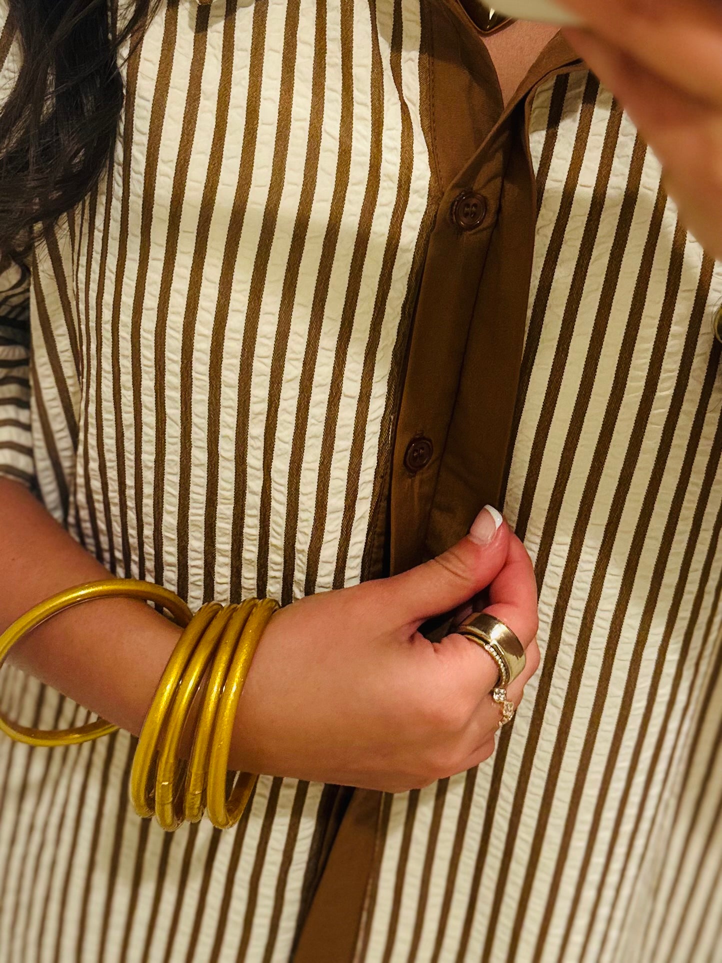 The Nora Caramel Brown Striped Midi Dress
