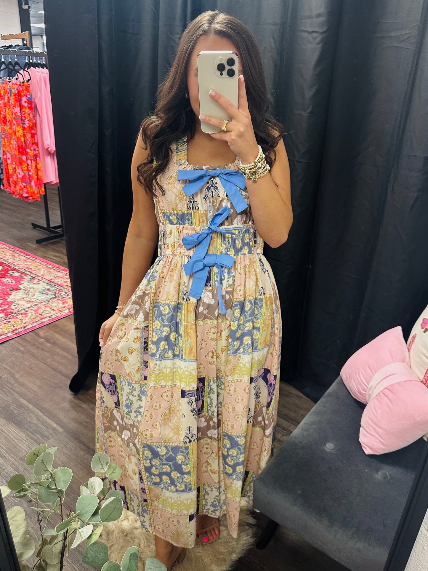 The Avery Patchwork Bow Midi Dress