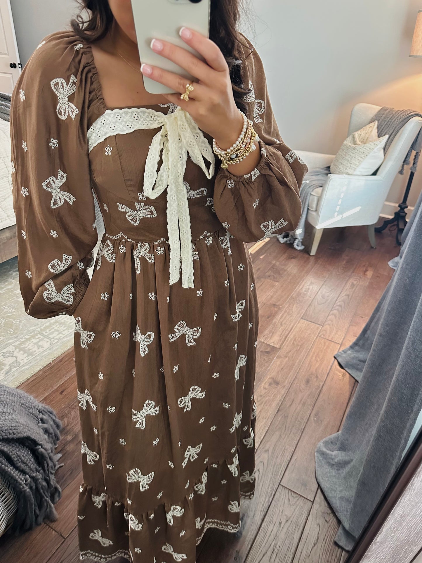 The Bruna Brown Bow Embroidered Midi Dress