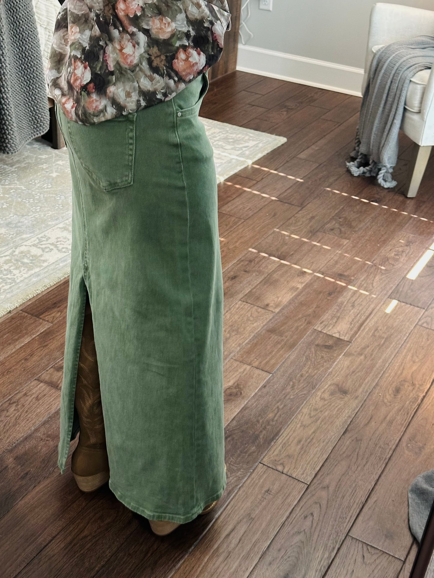 The Olive High Rise Back Slit Long Denim Skirt