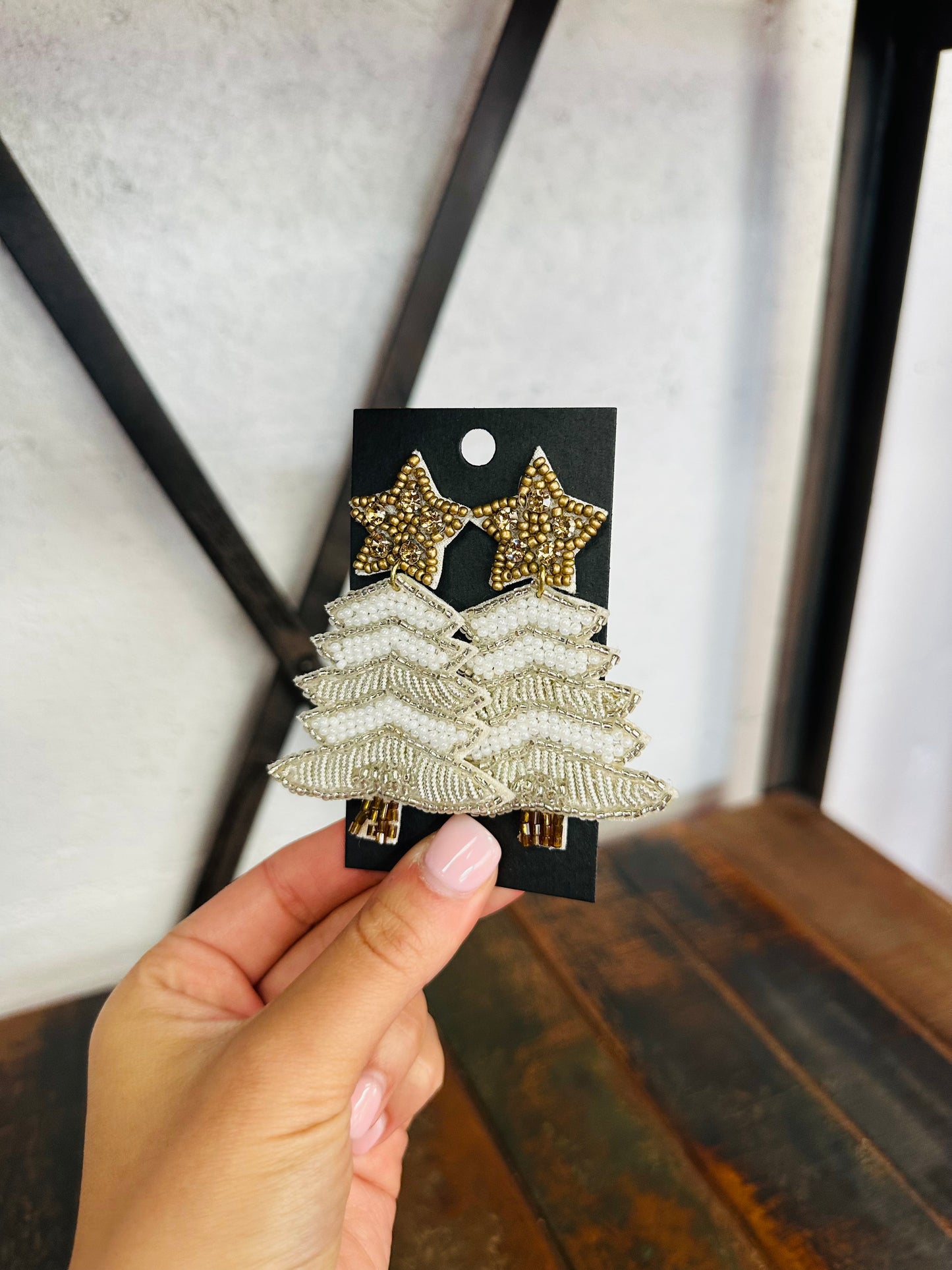 Brown + White Christmas Tree Beaded Earring