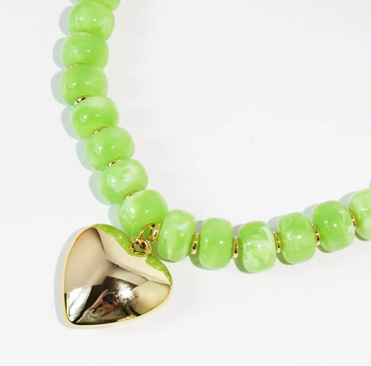 The Lime Beaded Heart Pendant Necklace