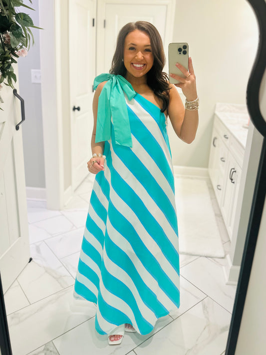 The Serena Mint Green Striped Bow Maxi Dress
