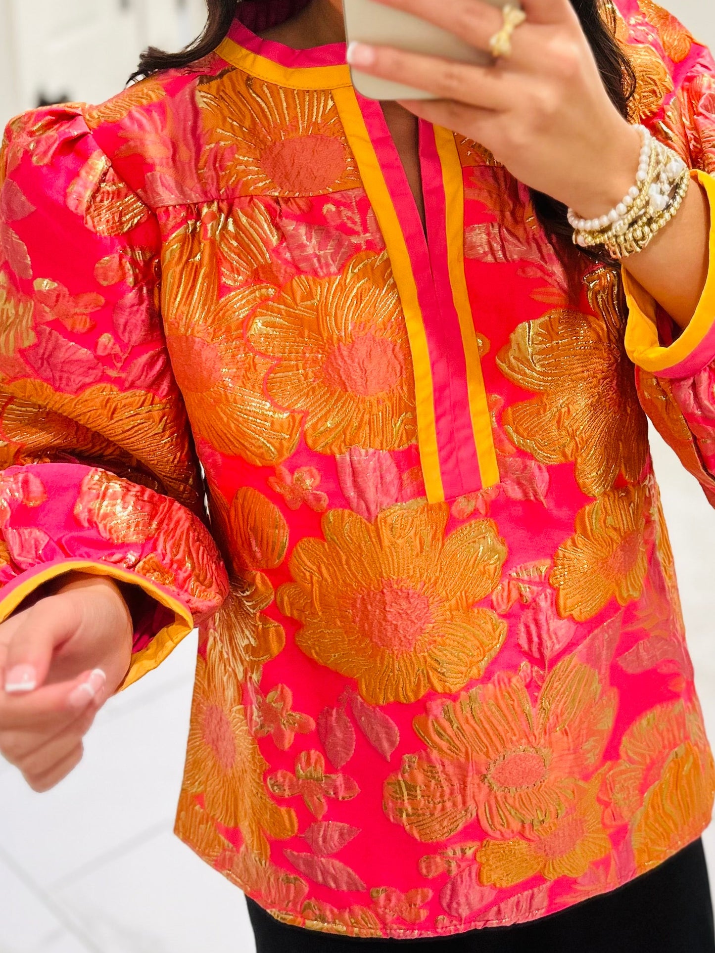 The Shae Neon Pink Floral Jacquard Top