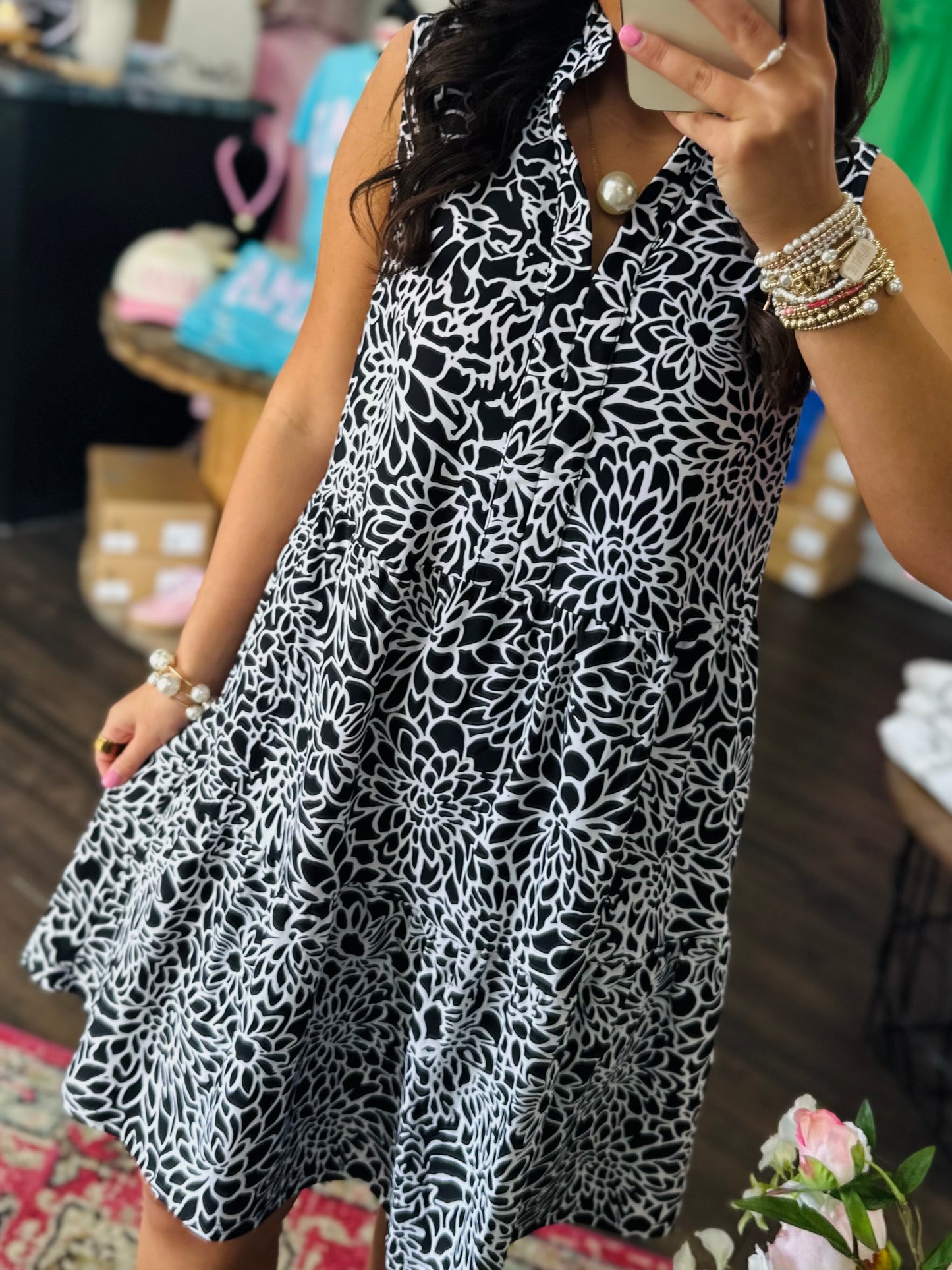 The Maia Black Floral Tiered Sleeveless Dress