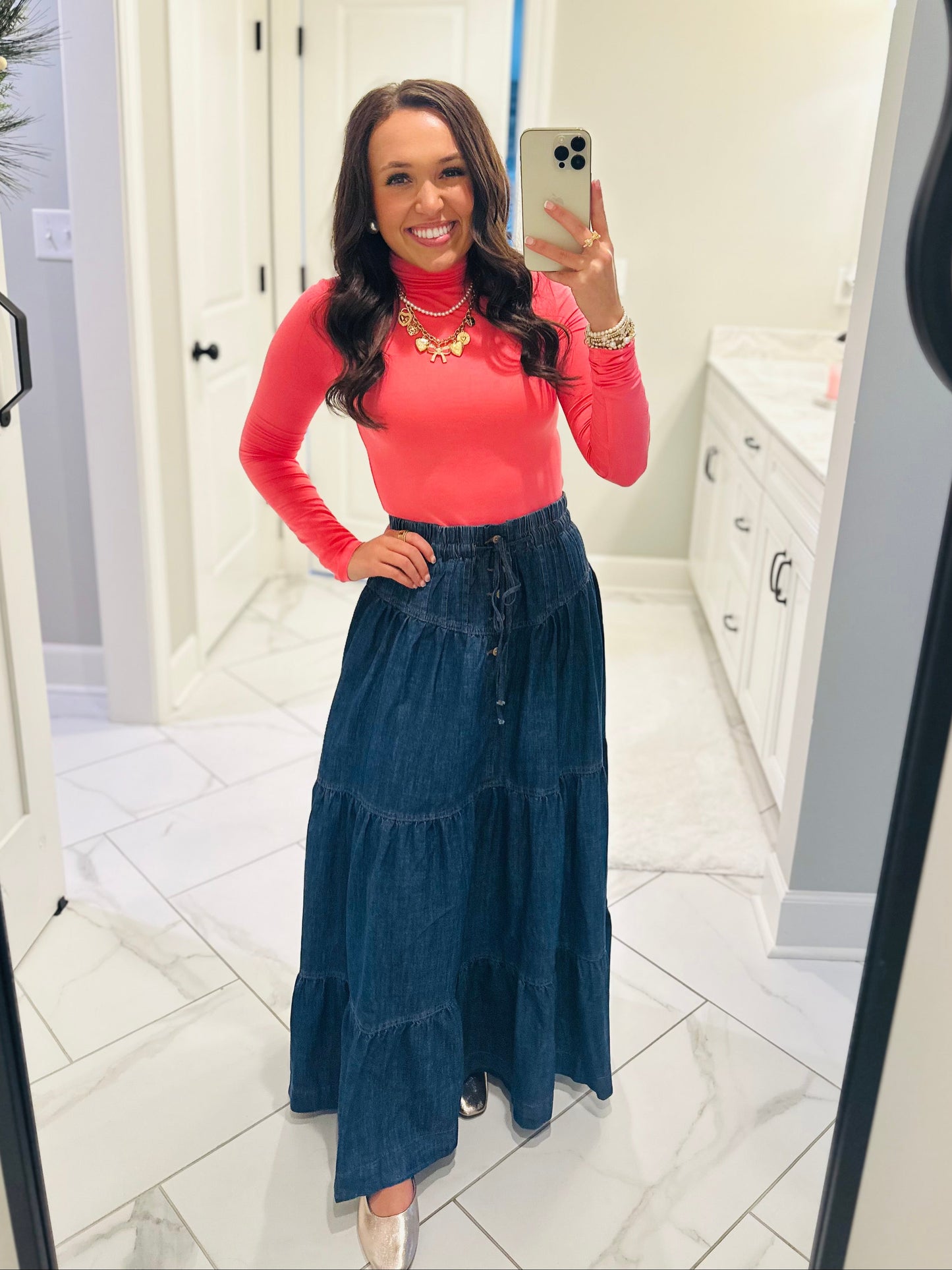 The Mamie Front Button Down Long Denim Skirt