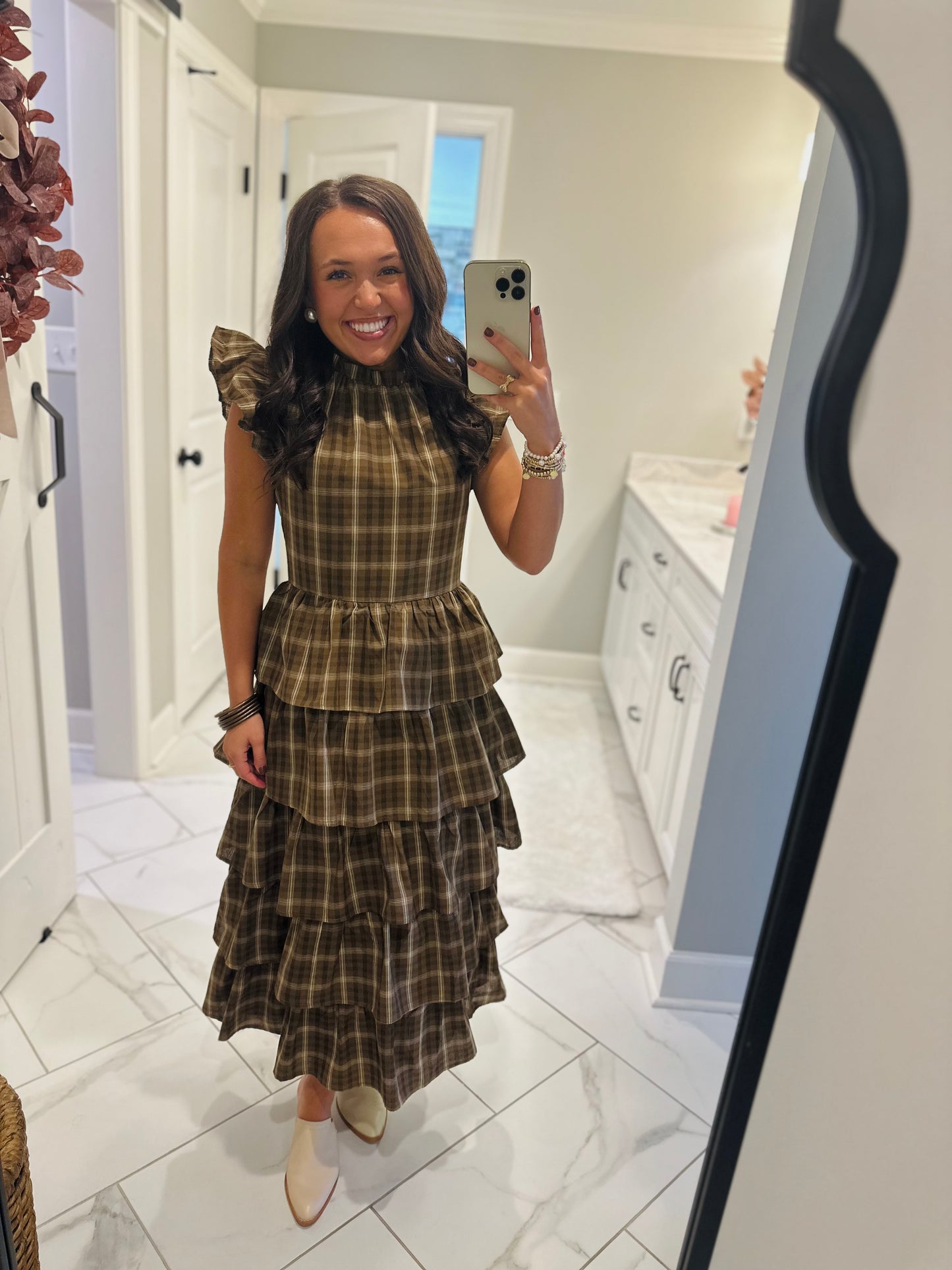 The Timber Brown Plaid Ruffle Tiered Midi Dress