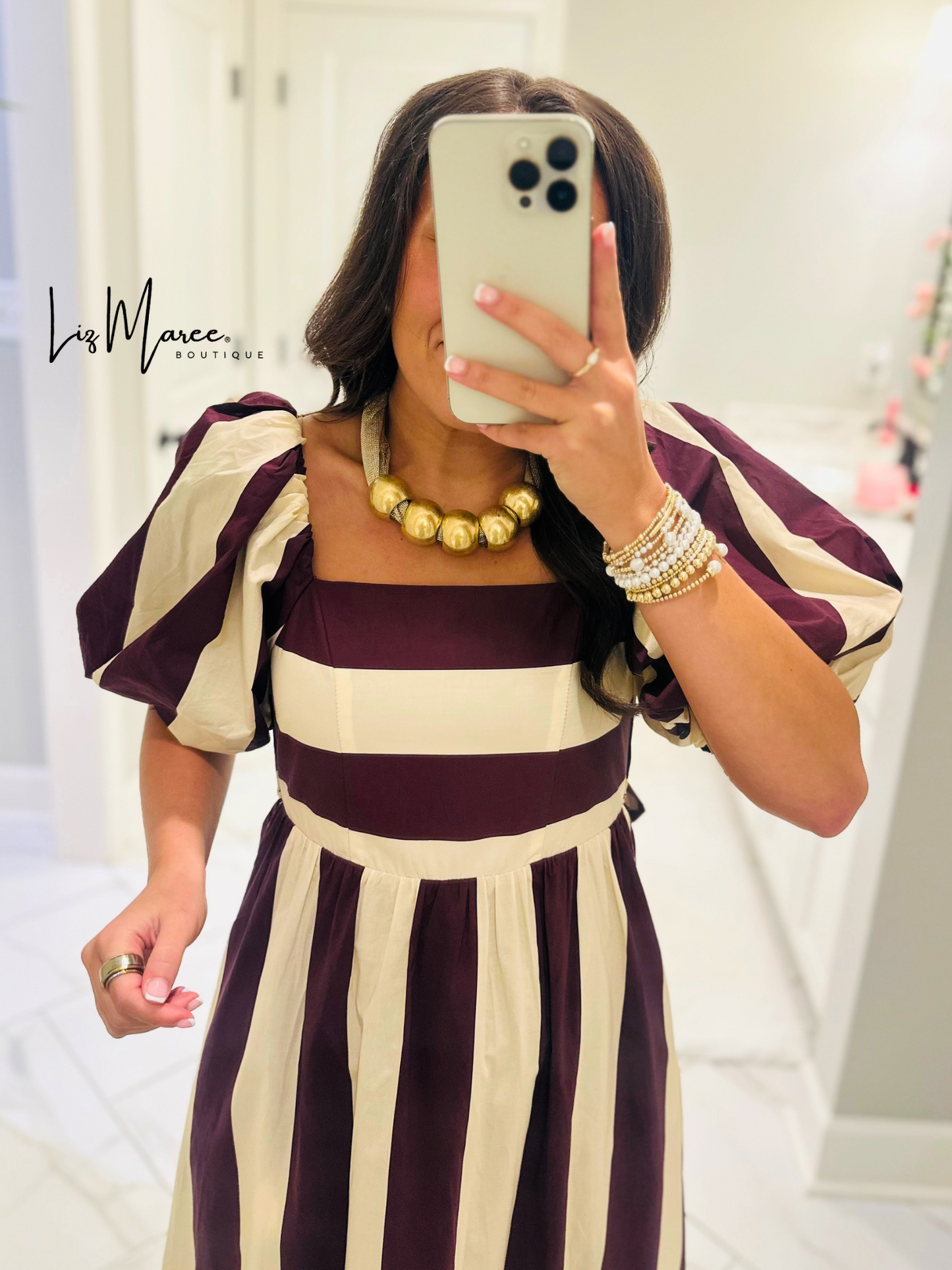 The Danyale Merlot Striped Bow Midi Dress