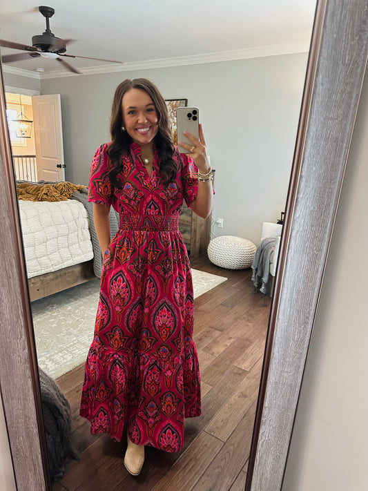 The Azura Berry Pink Floral Poplin Maxi Dress