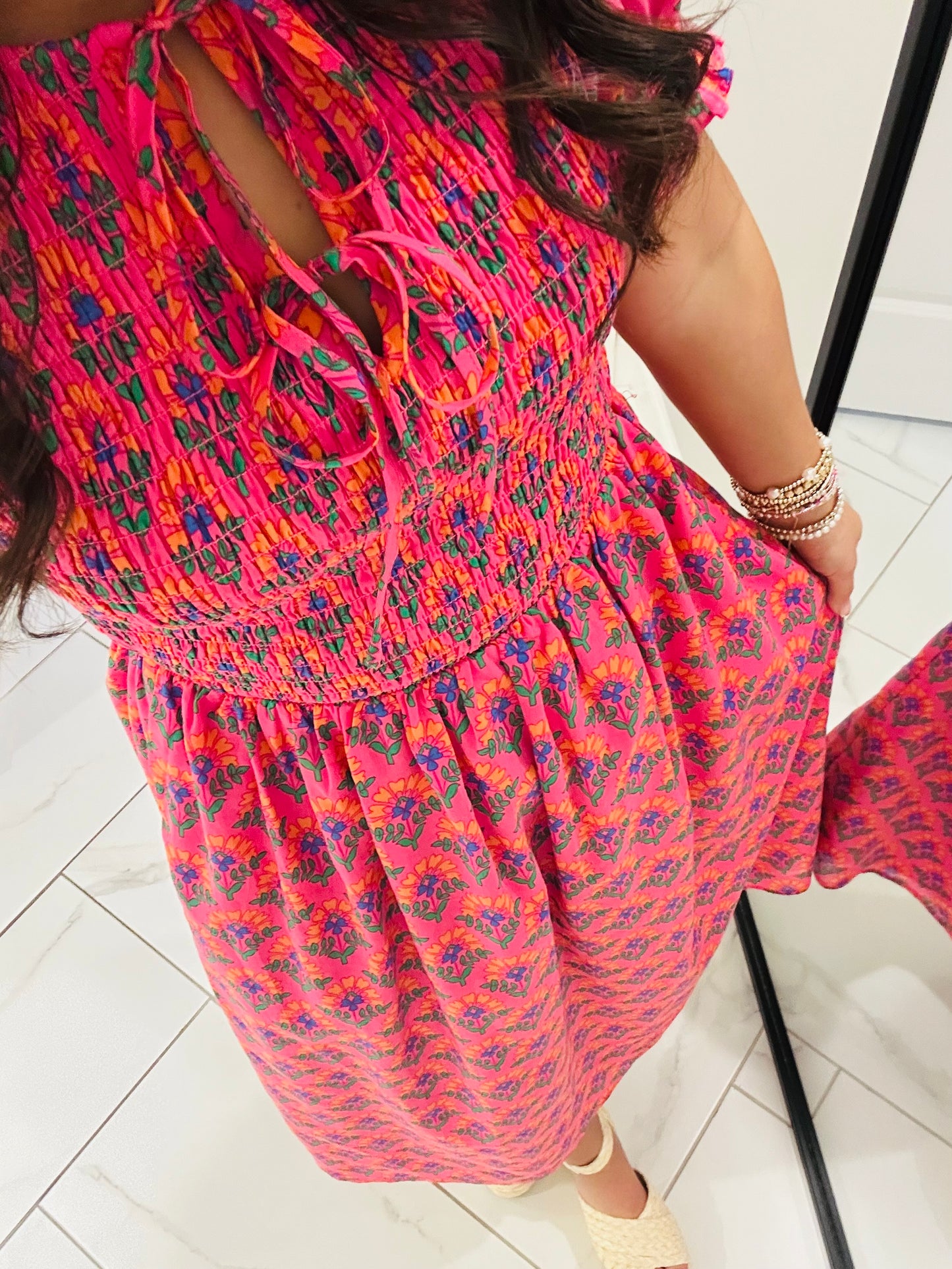 The Tamry Pink Smocked Midi Dress