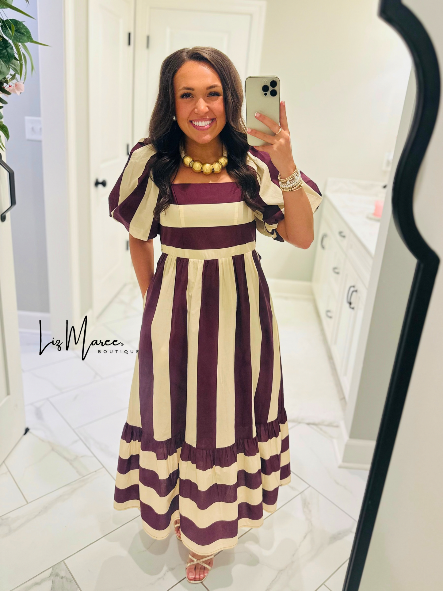 The Danyale Merlot Striped Bow Midi Dress