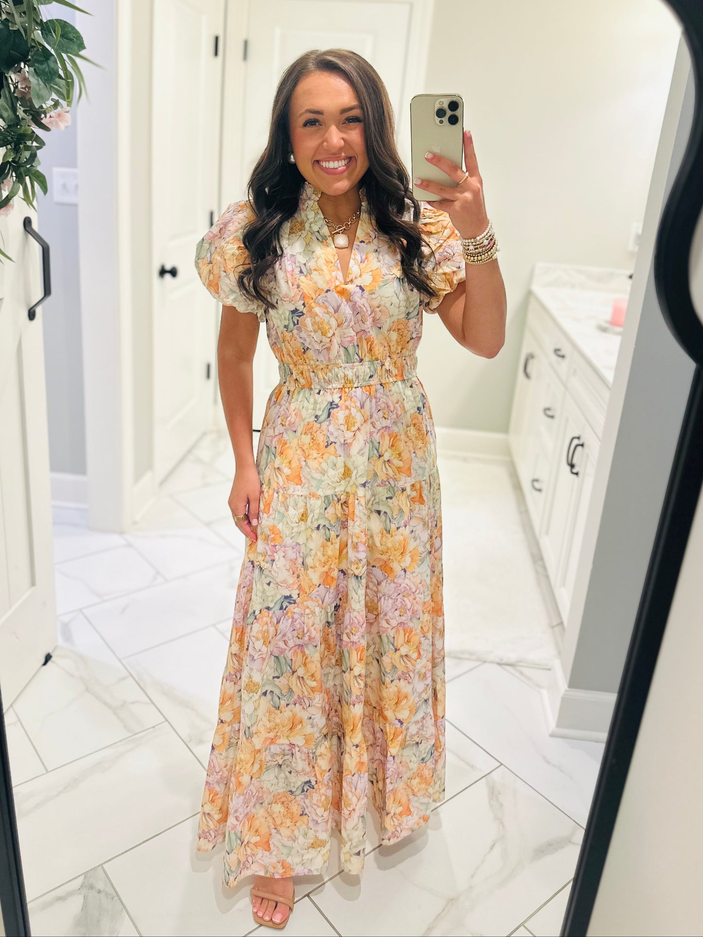 The Elizabeth Lavender + Orange Multicolor Floral Midi Dress