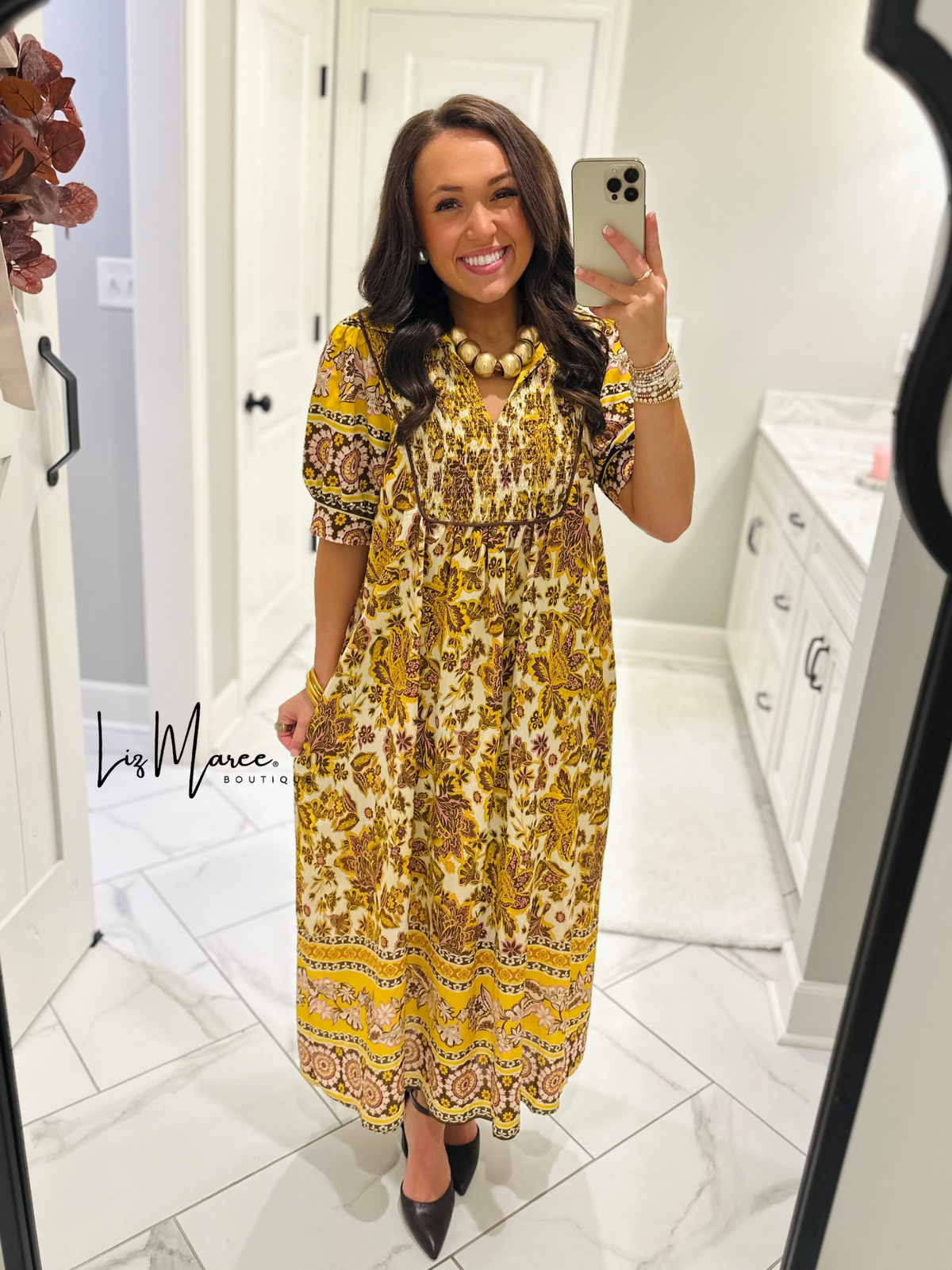The Phoebe Golden Yellow Floral Midi Dress