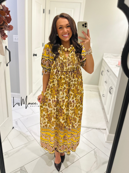 The Phoebe Golden Yellow Floral Midi Dress