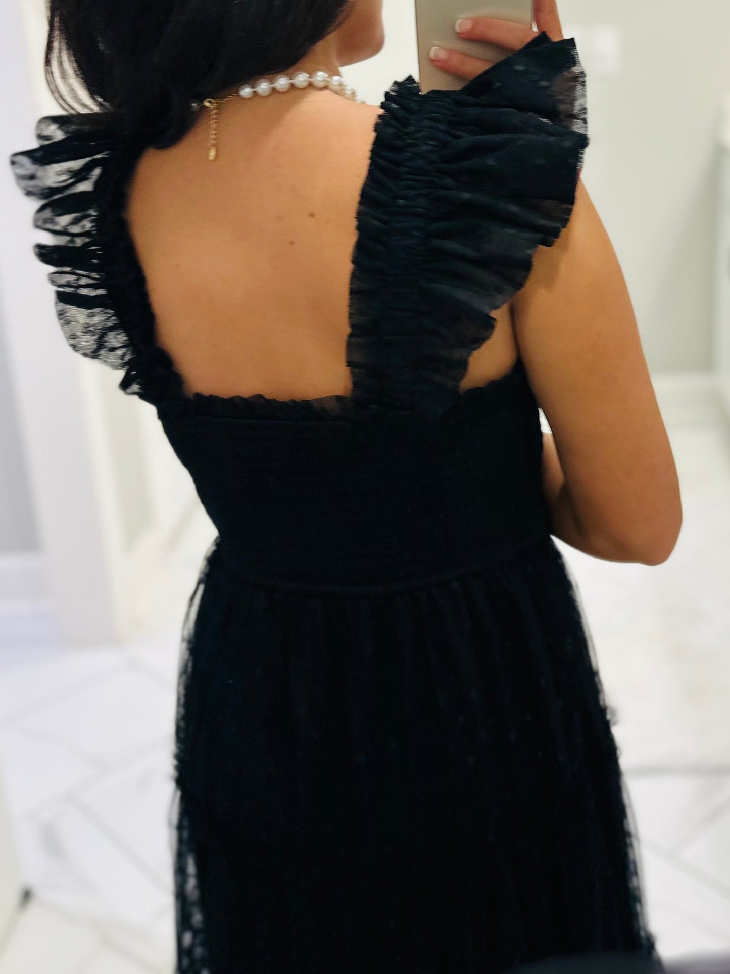 The Noelle Black Polka Dot Chiffon Smocked Midi Dress