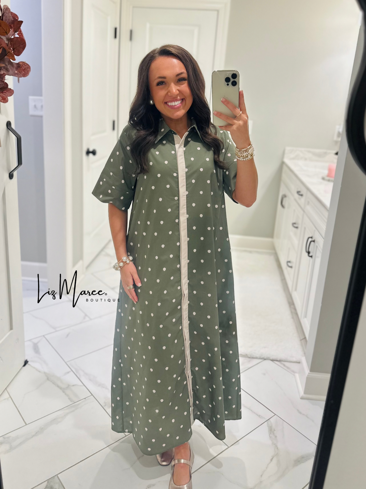 The Ruth Olive Green Polka Dot Midi Dress