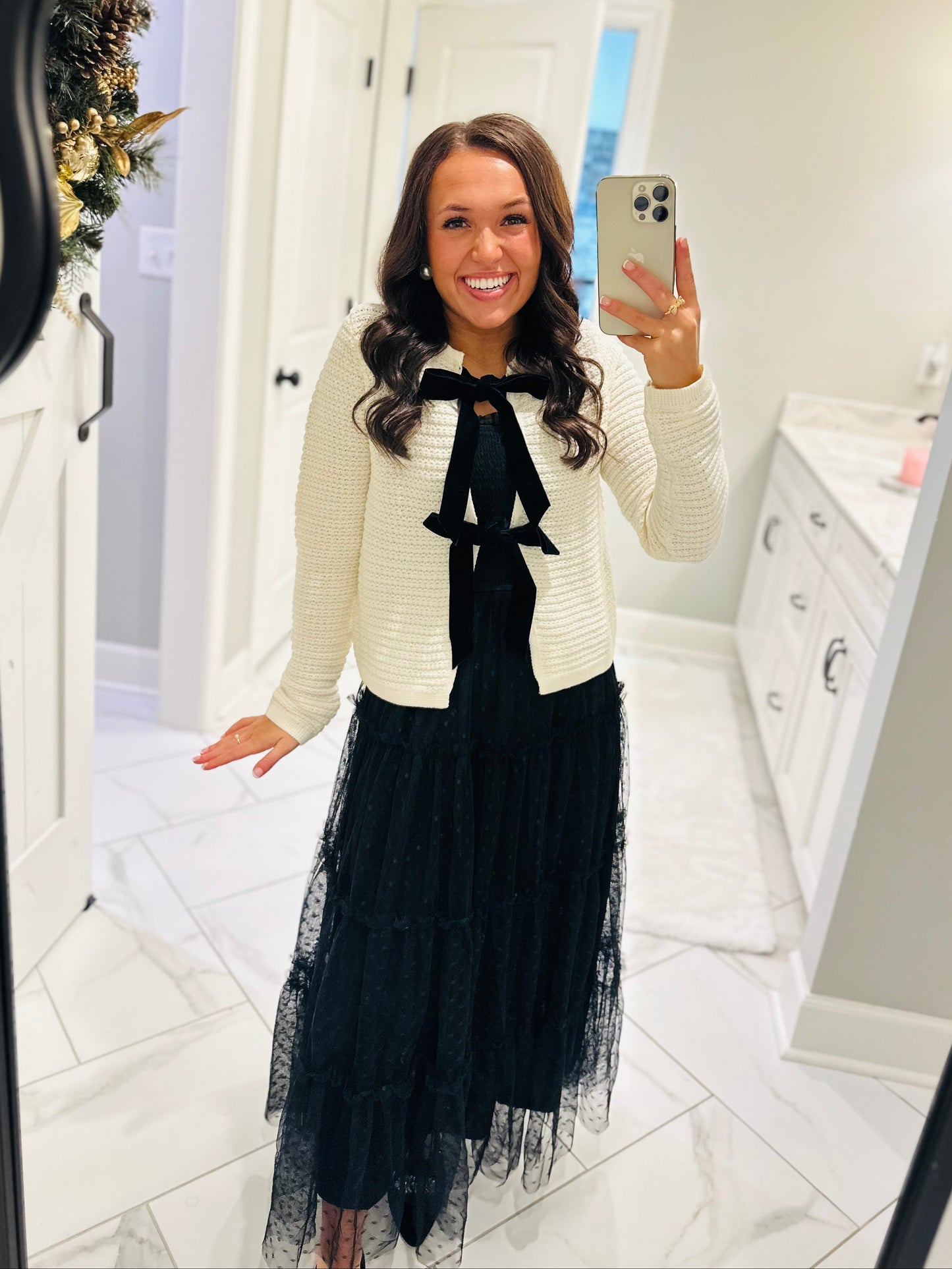 The Sofia Cream + Black Velvet Bow Cardigan