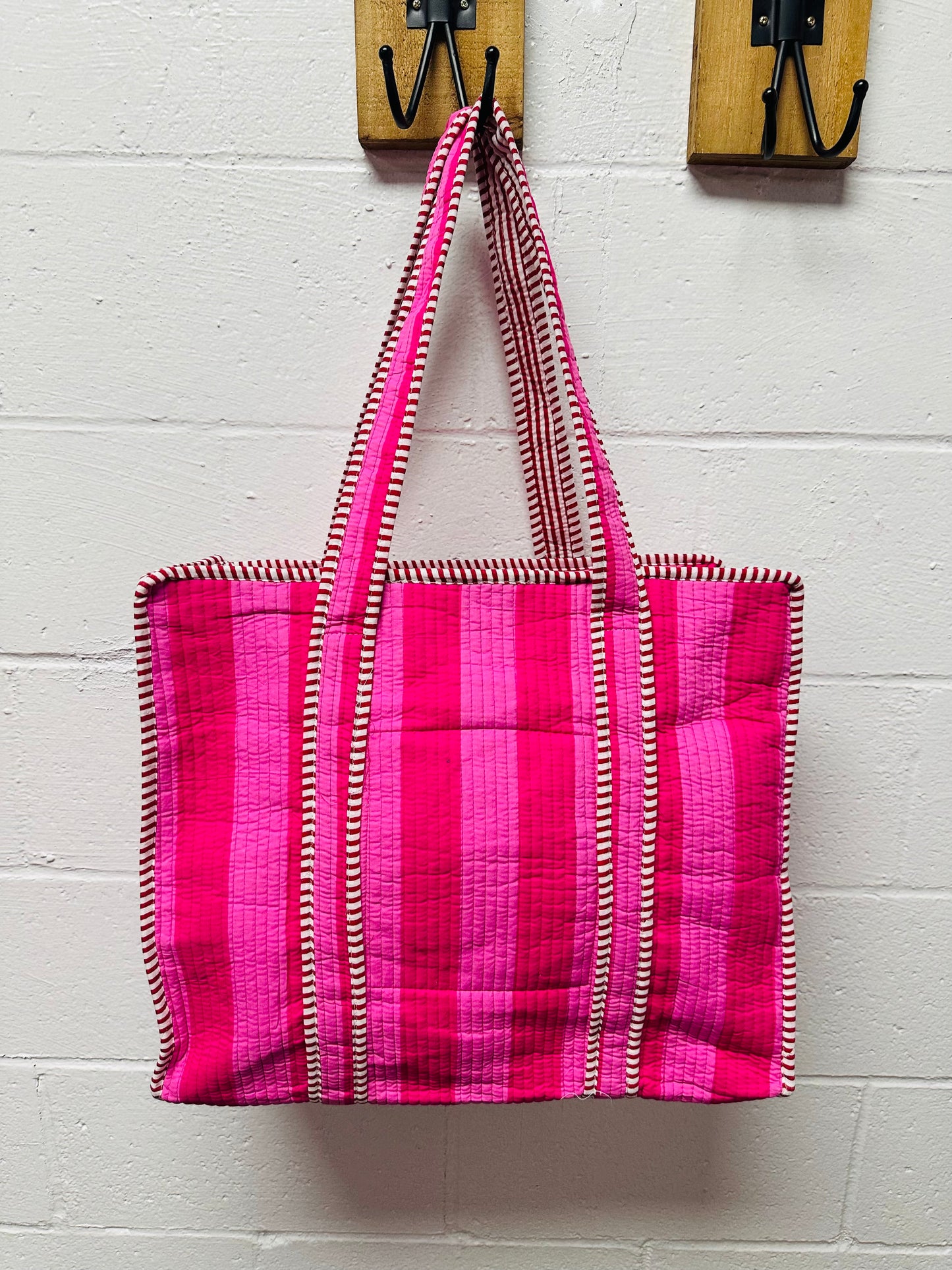 The Pink + Red Striped Quilted Tote Bag
