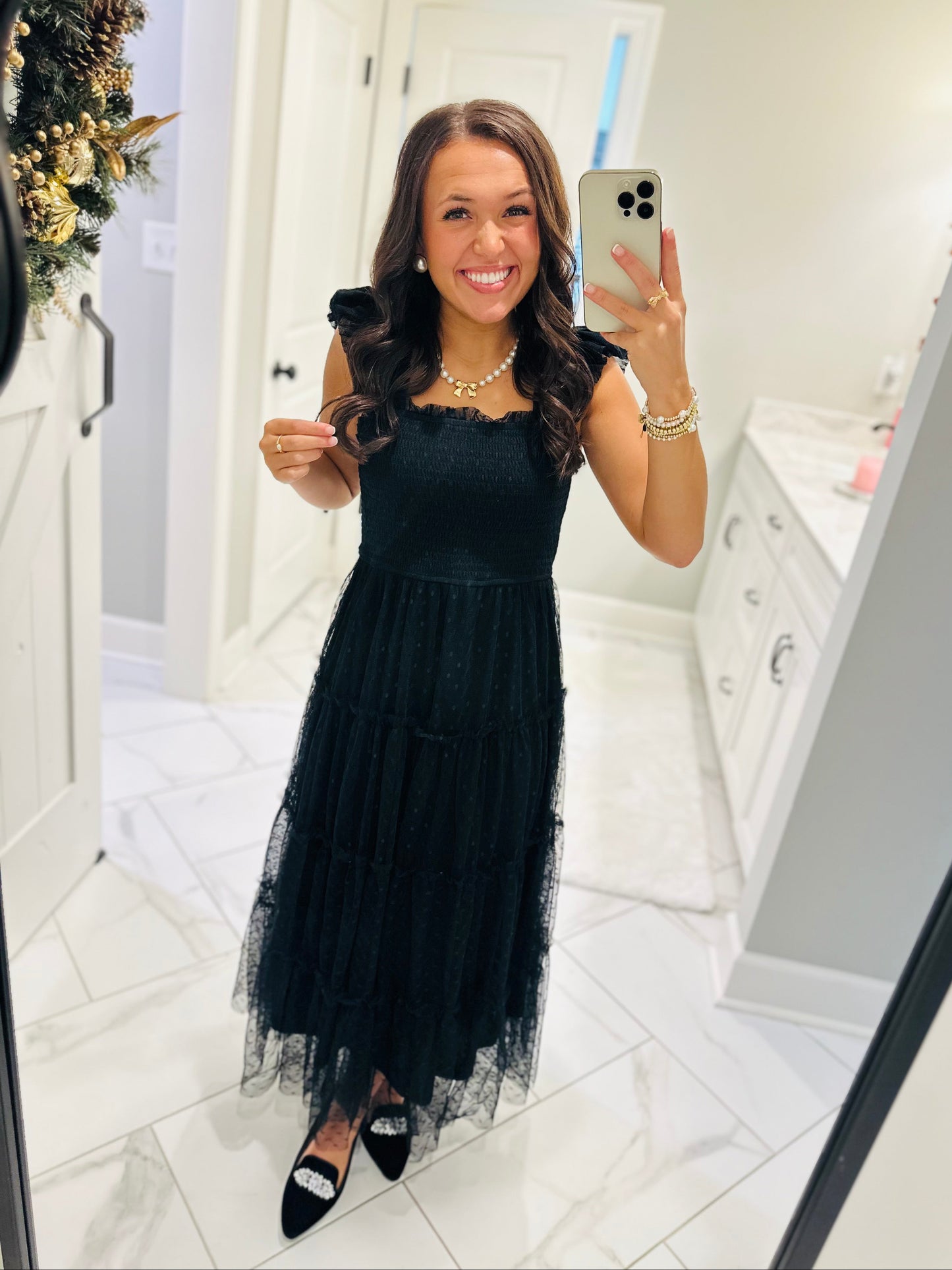 The Noelle Black Polka Dot Chiffon Smocked Midi Dress