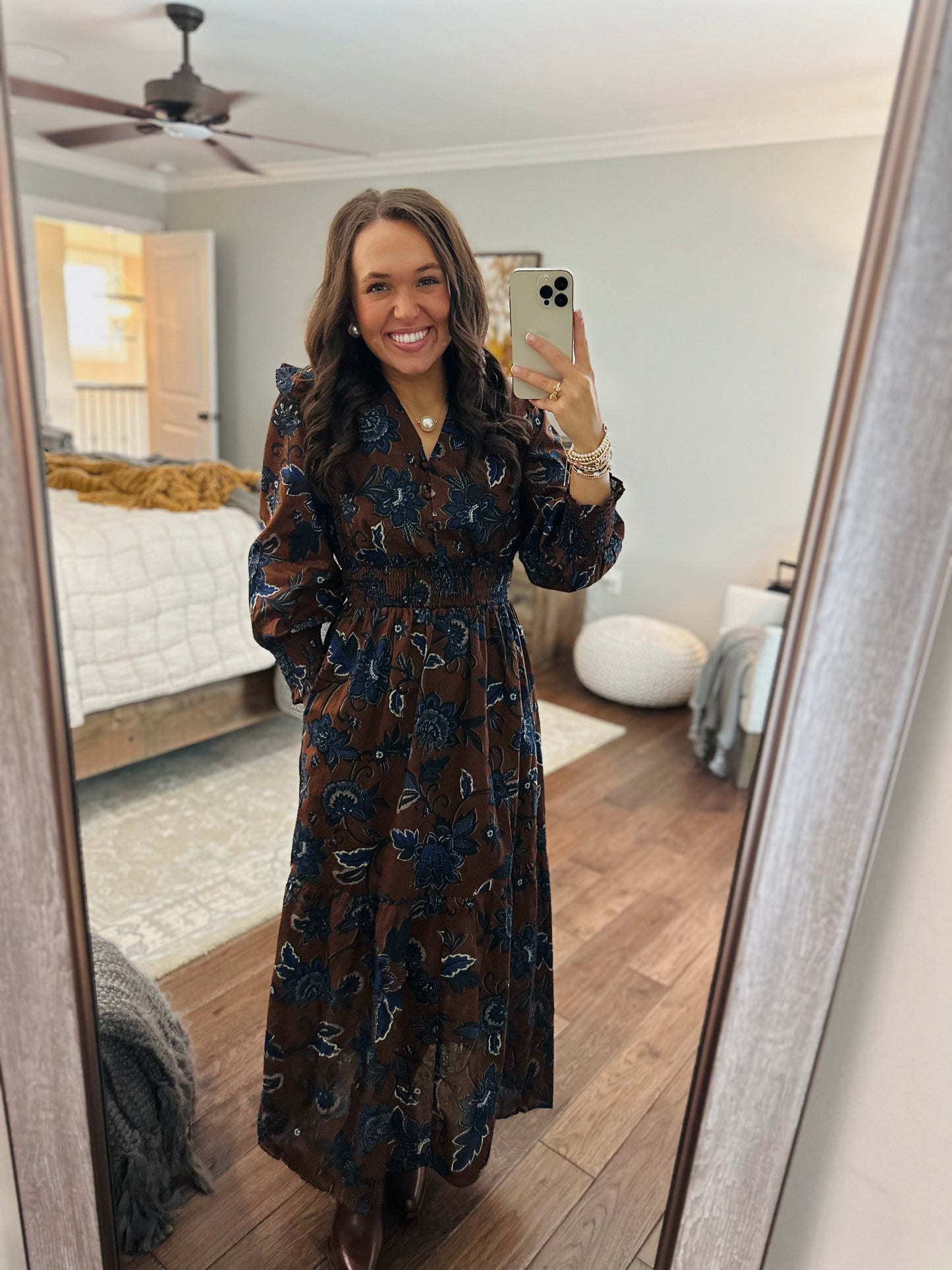 The Marlina Brown + Blue Floral Midi Dress