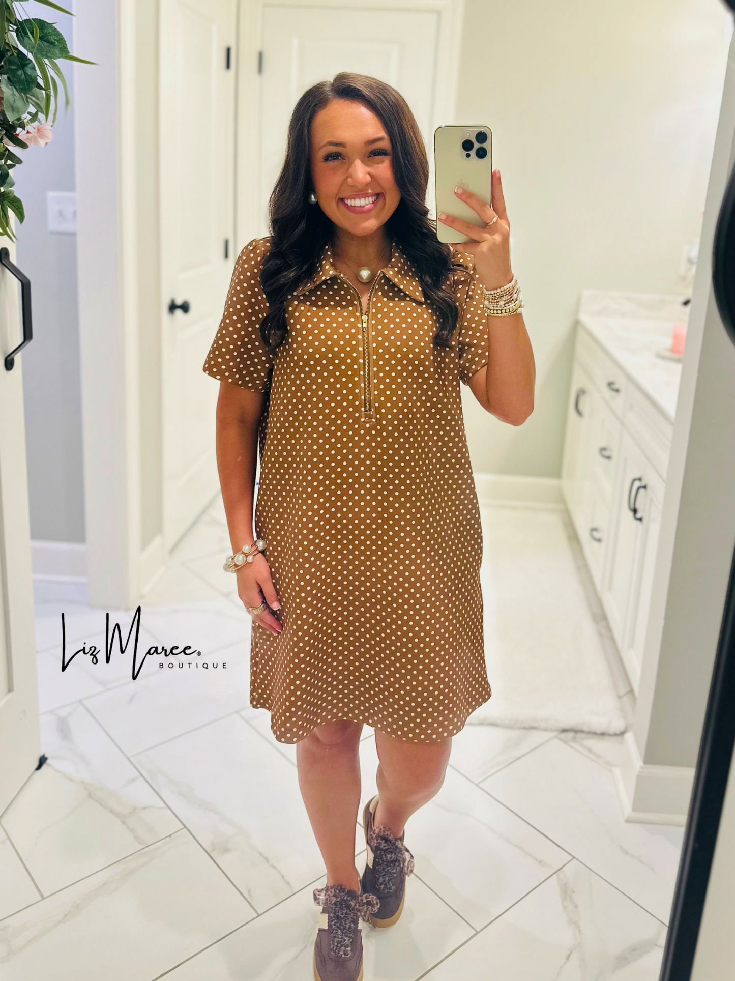 The Hadley Caramel Brown Polka Dot Quarter Zip Dress
