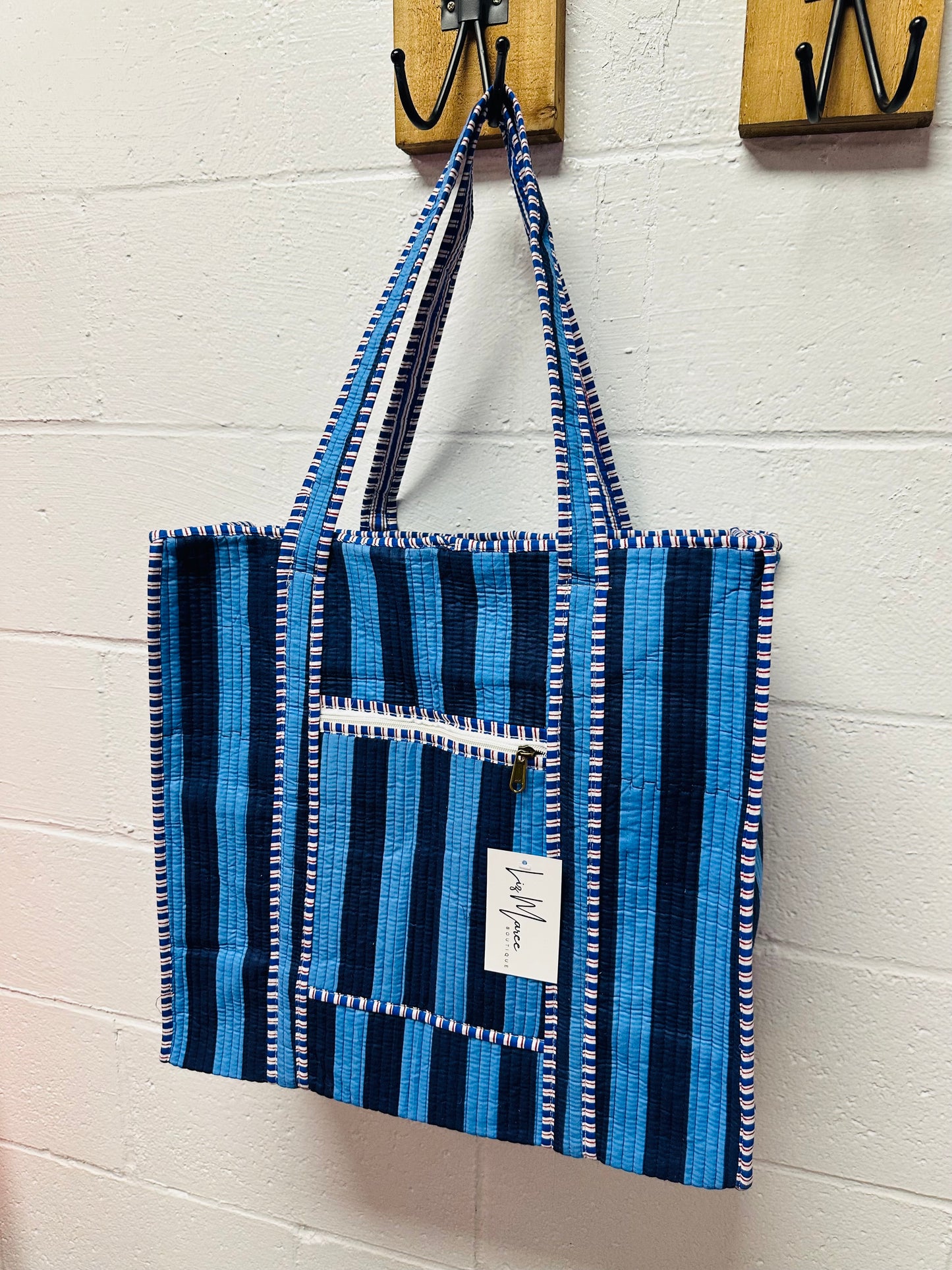 The Navy + Light Blue Striped Quilted Tote Bag