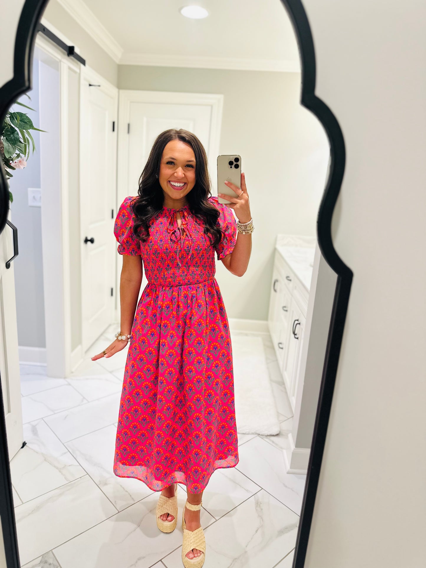 The Tamry Pink Smocked Midi Dress
