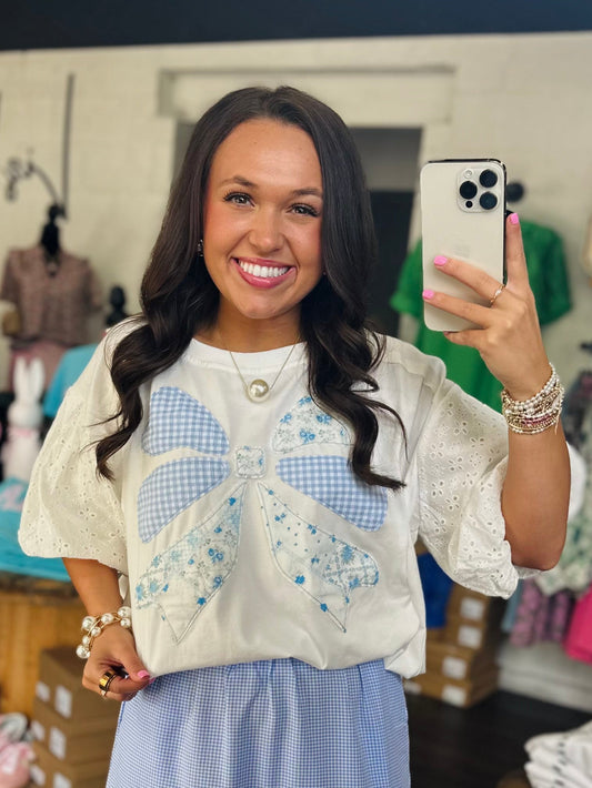 The Brylee Blue Bow Patchwork Top