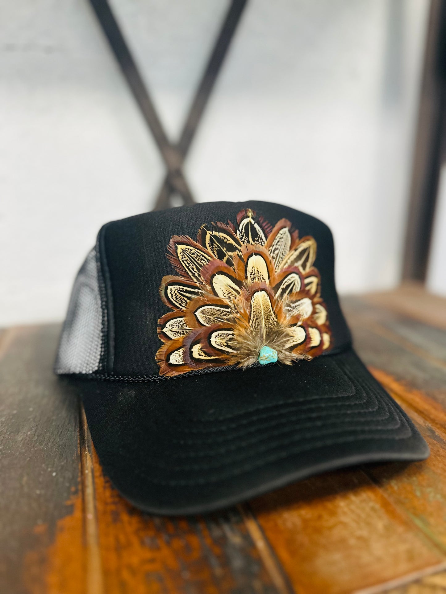 Black Feather + Turquoise Stone Trucker Hat