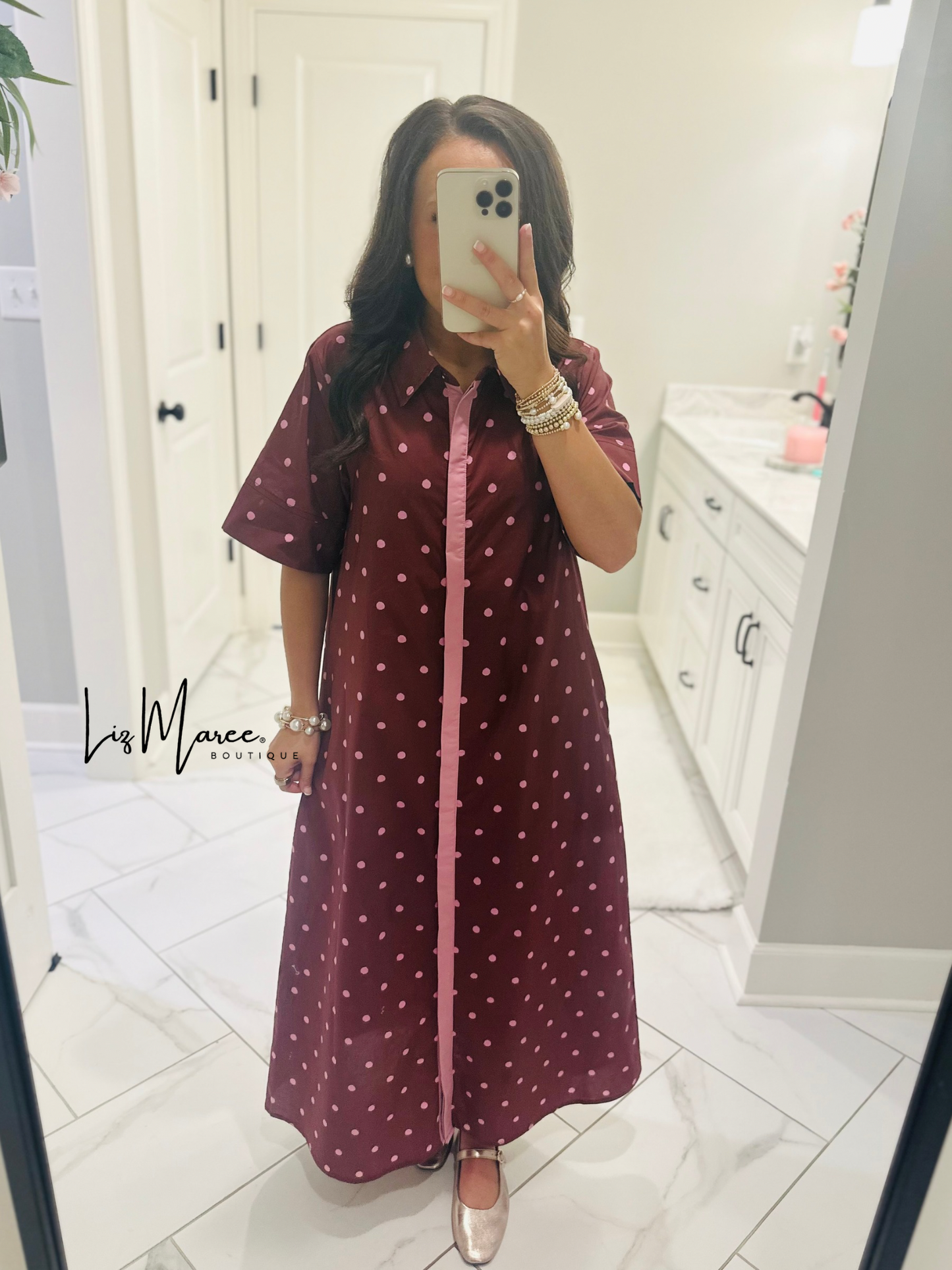 The Ruth Burgundy + Pink Polka Dot Midi Dress