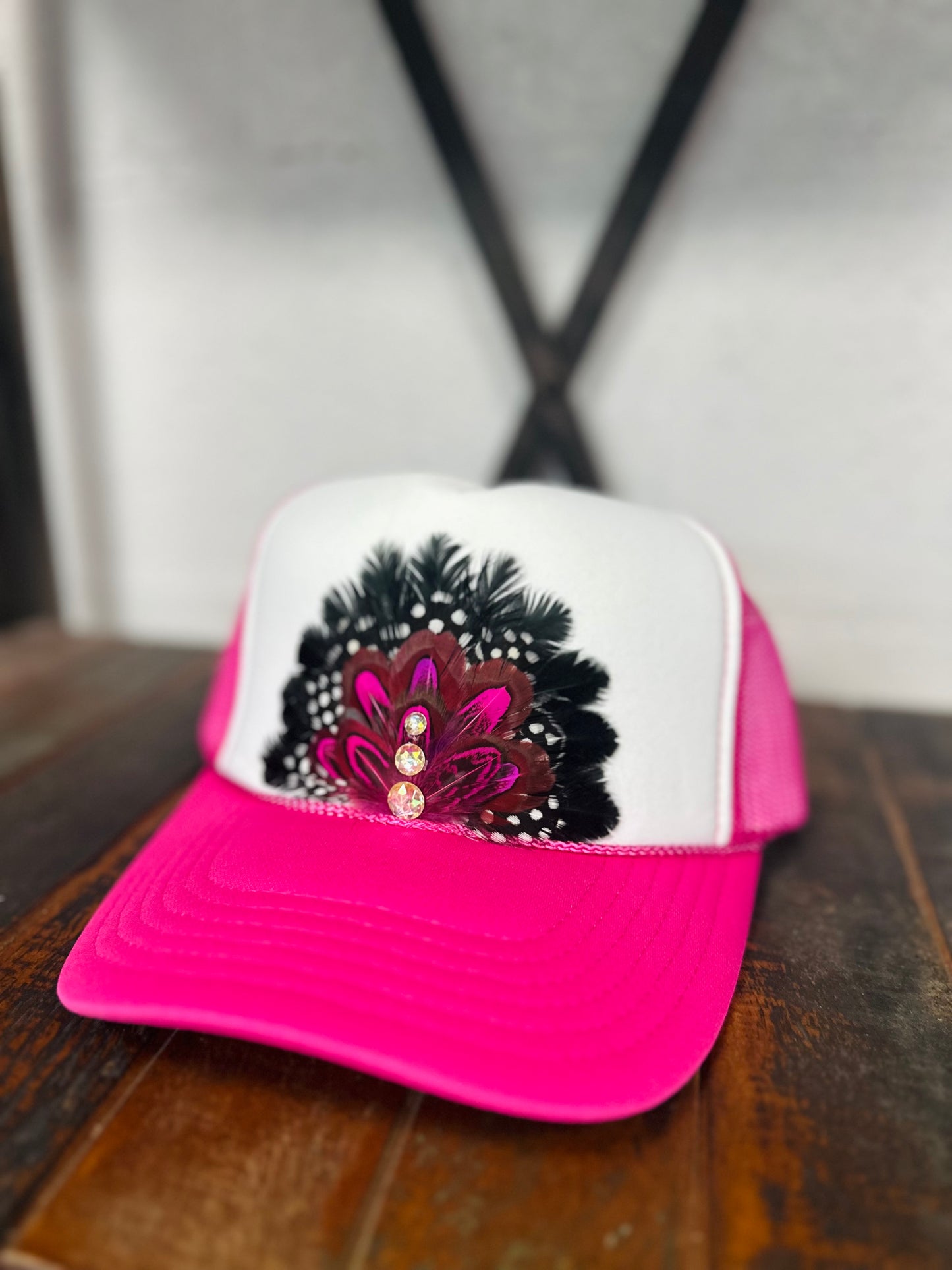 Hot Pink Feather + Trio Diamond Stone Trucker Hat