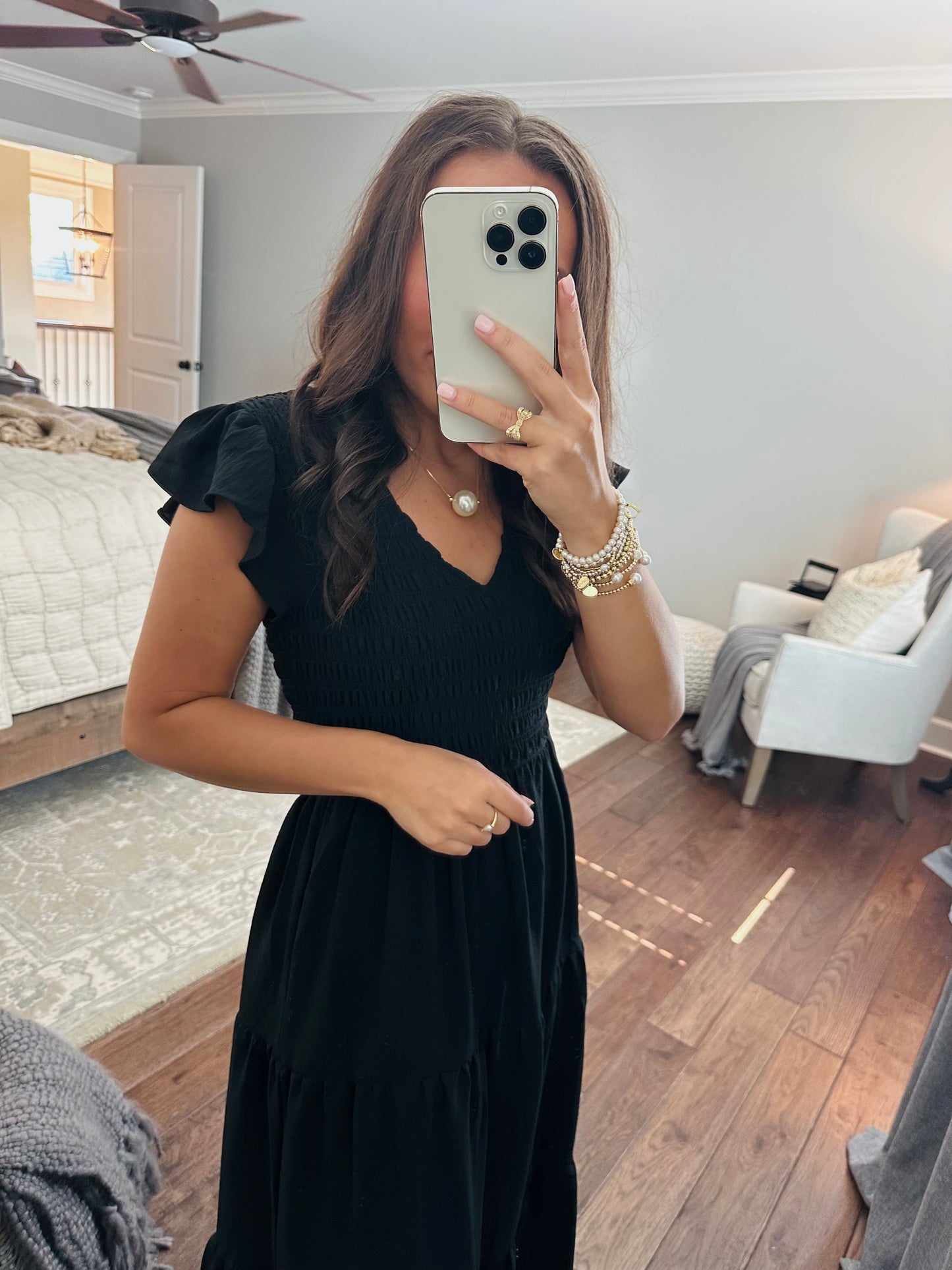 The Maple Black Flutter Sleeve Smocked Midi Dress