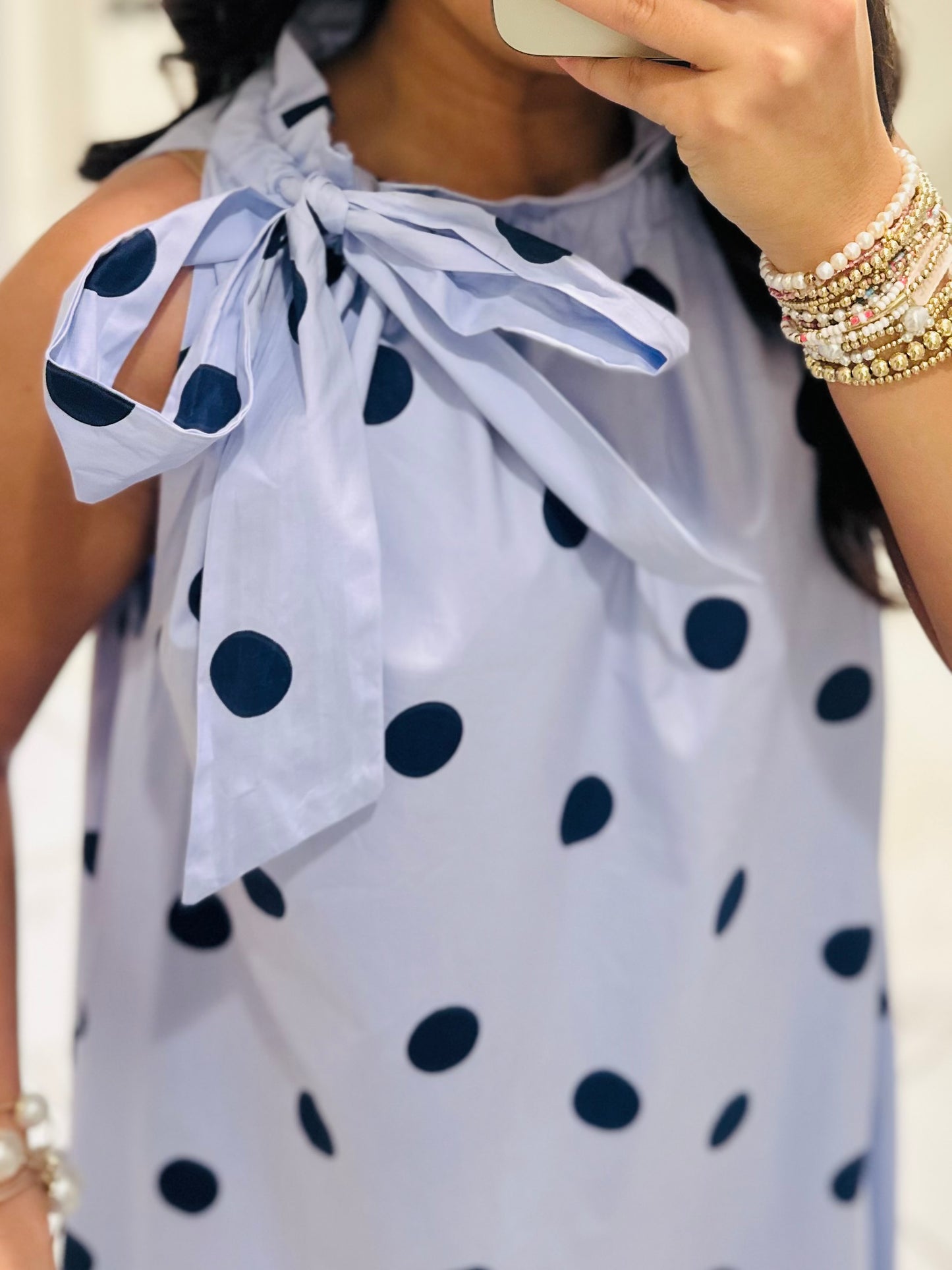 The Leighton Blue Polka Dot Neck Tie Midi Dress