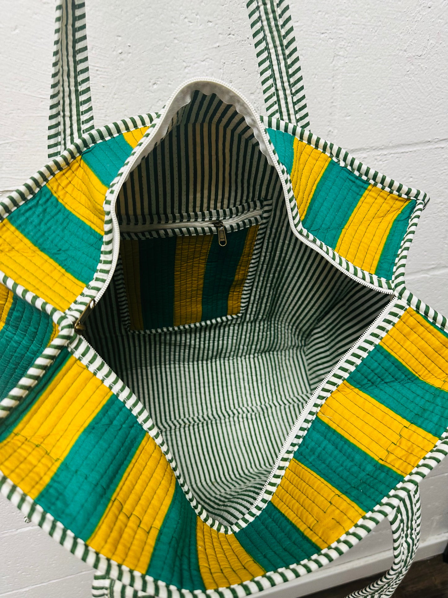 The Green + Orange Striped Quilted Tote Bag