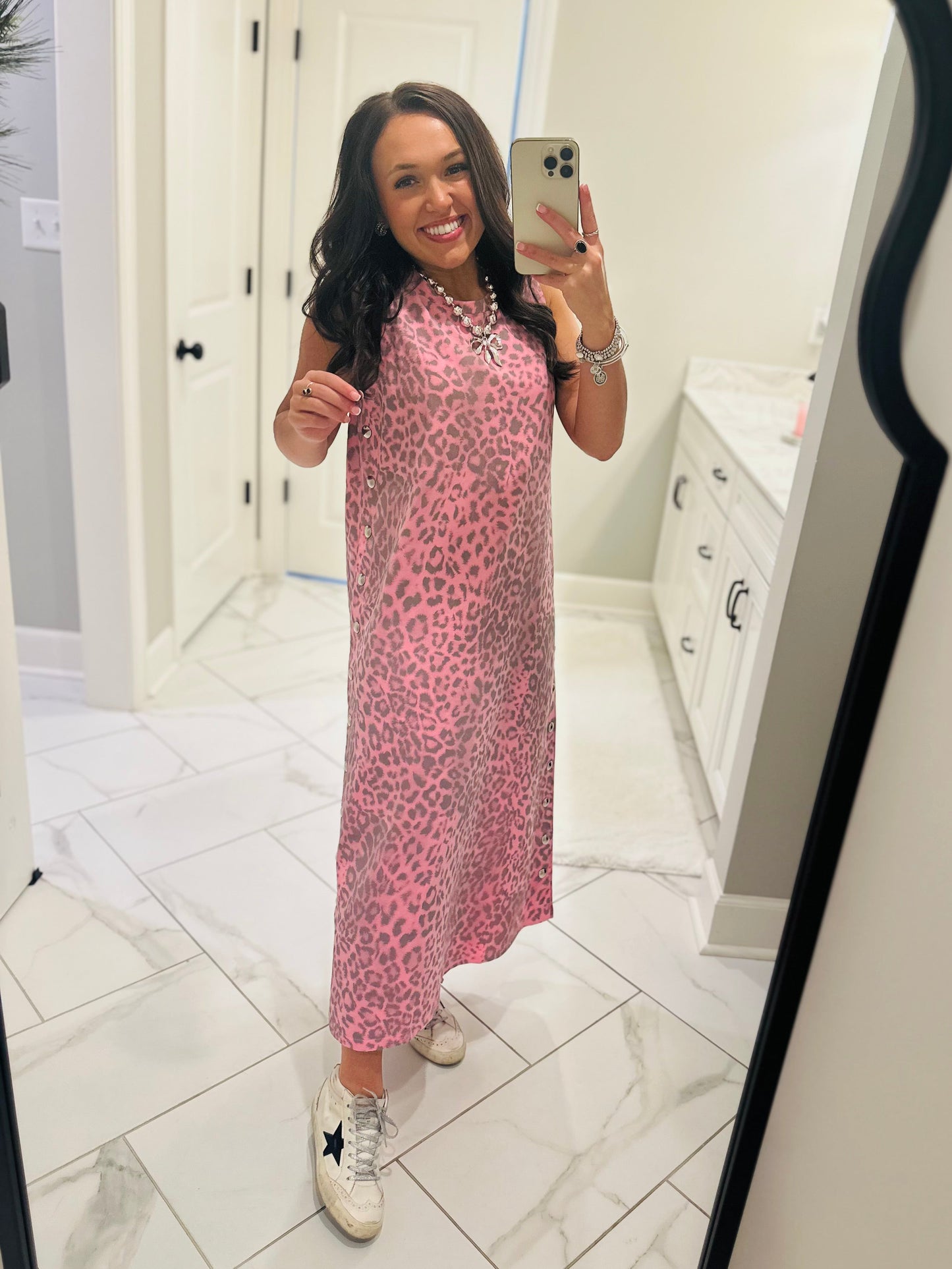 The Brooke Pink Leopard Midi Dress