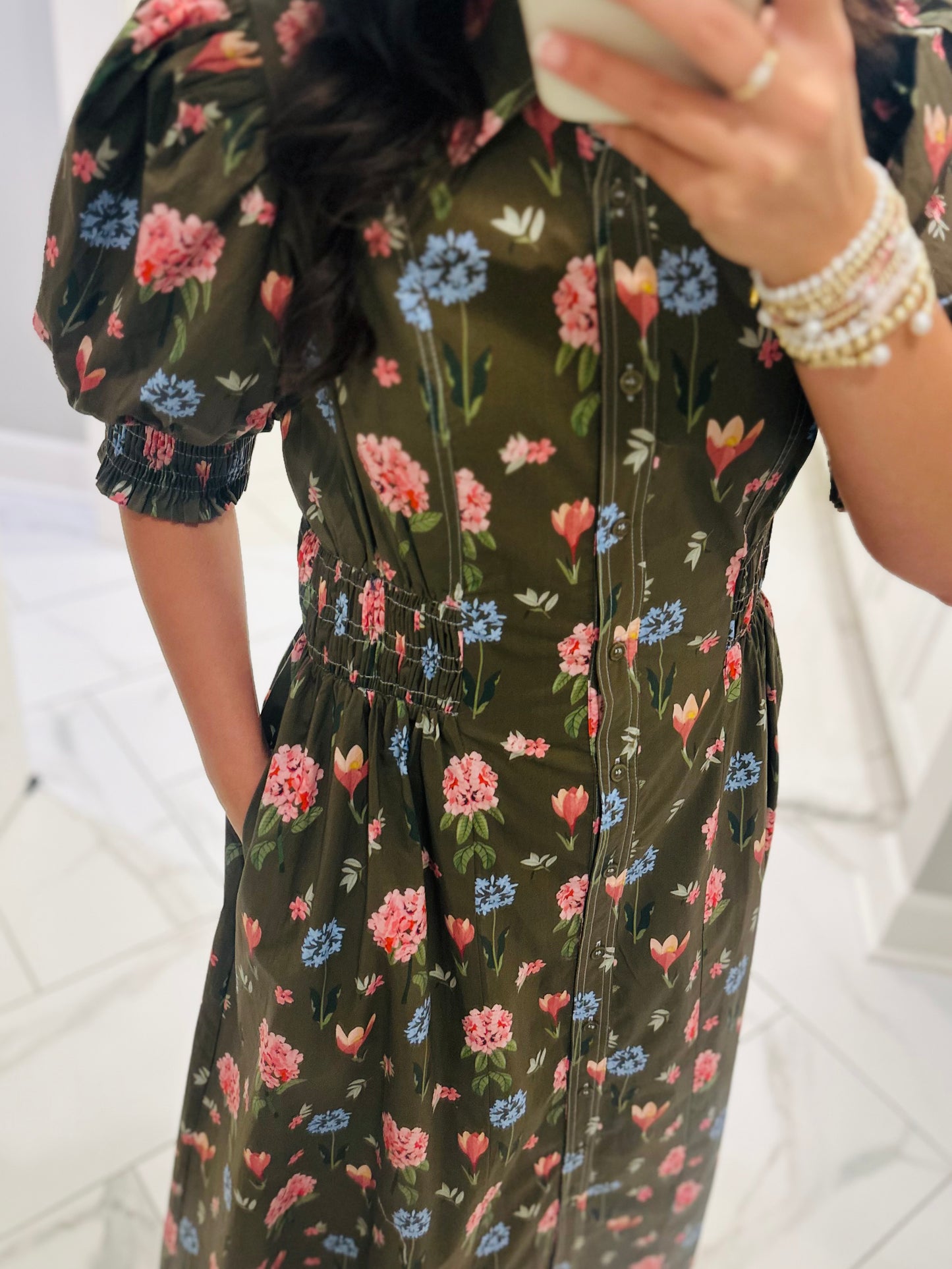 The Annie Olive Green Floral Midi Dress