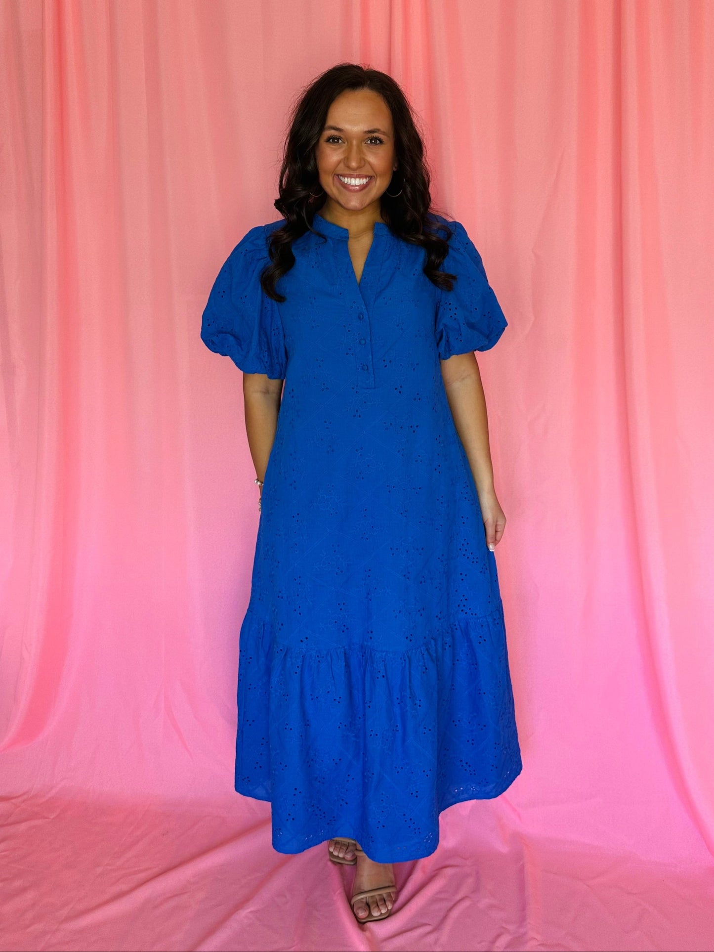 The Willa Blue Eyelet Midi Dress