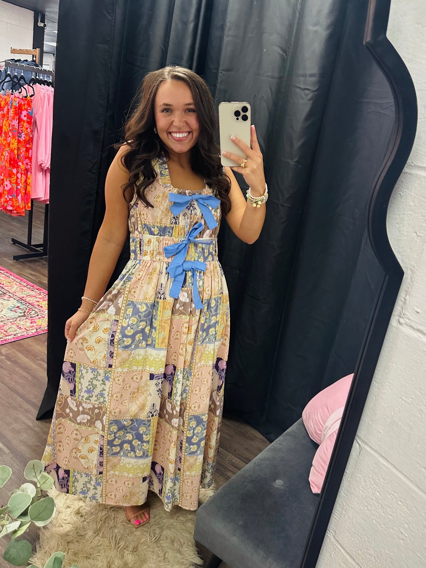 The Avery Patchwork Bow Midi Dress