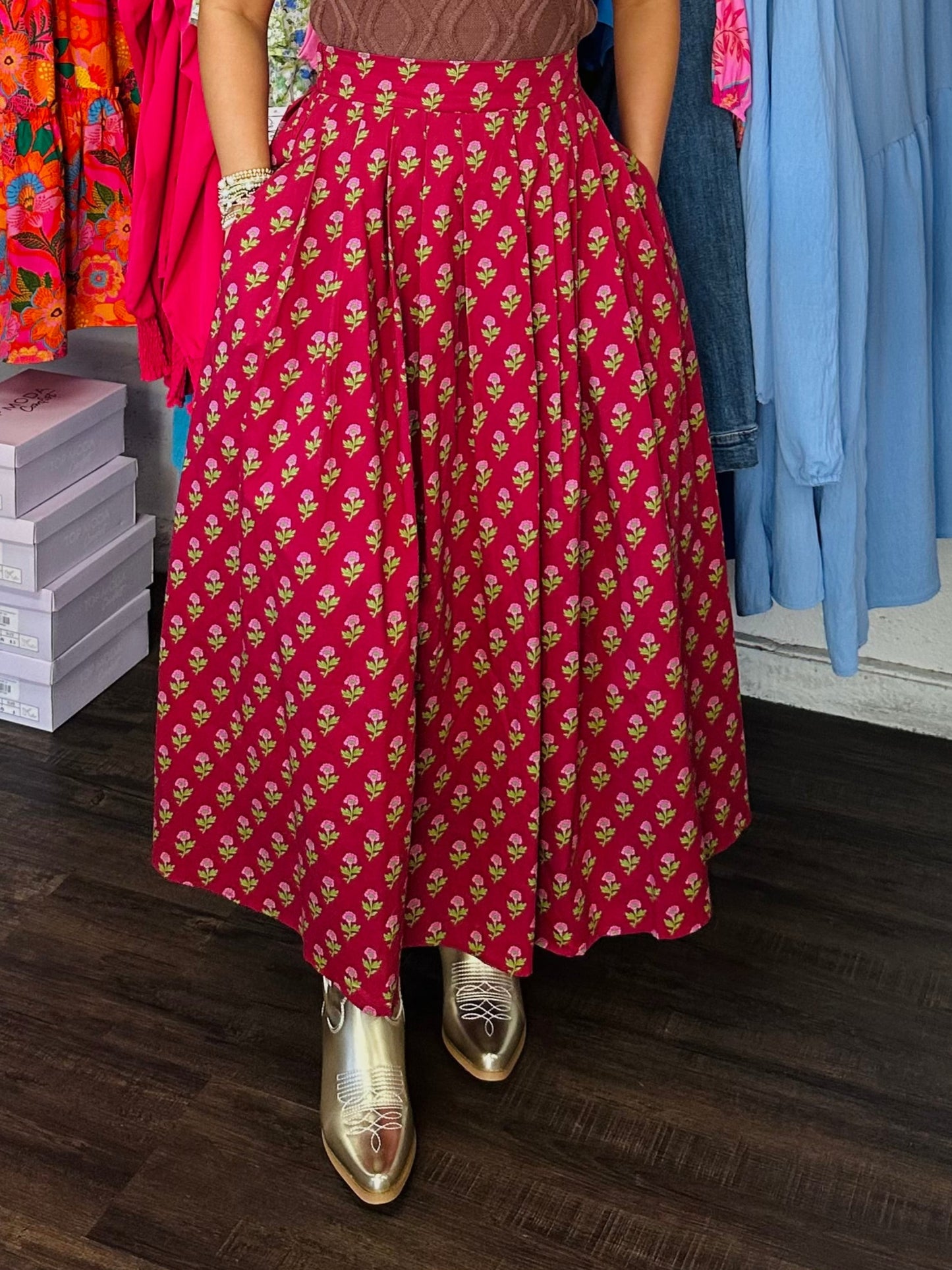 The Austin Burgundy Floral Midi Skirt