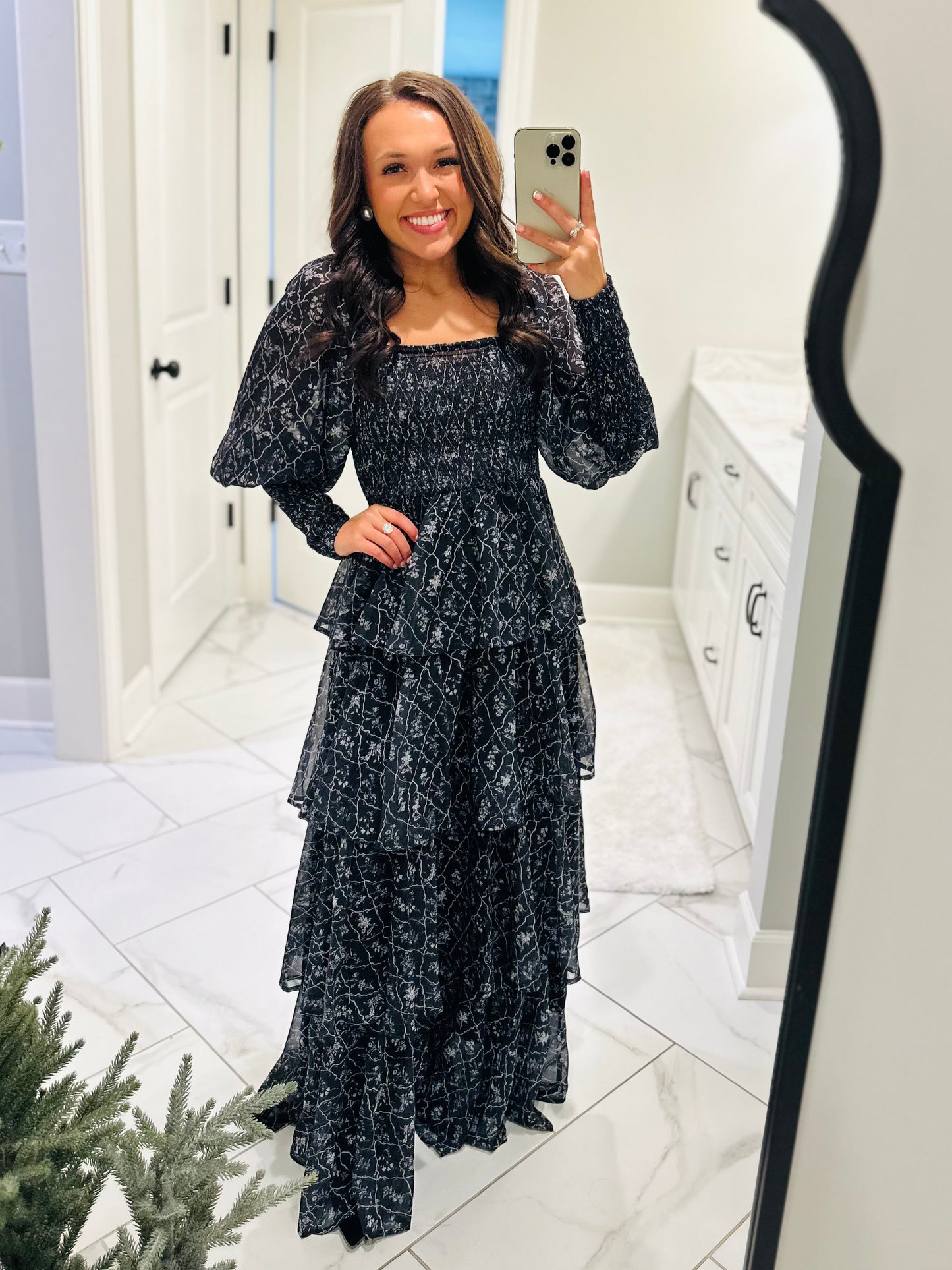 The Mae Black Ruffle Tiered Long Sleeve Maxi Dress