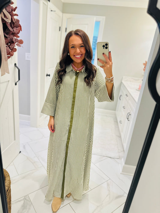 The Nora Olive Green Striped Midi Dress