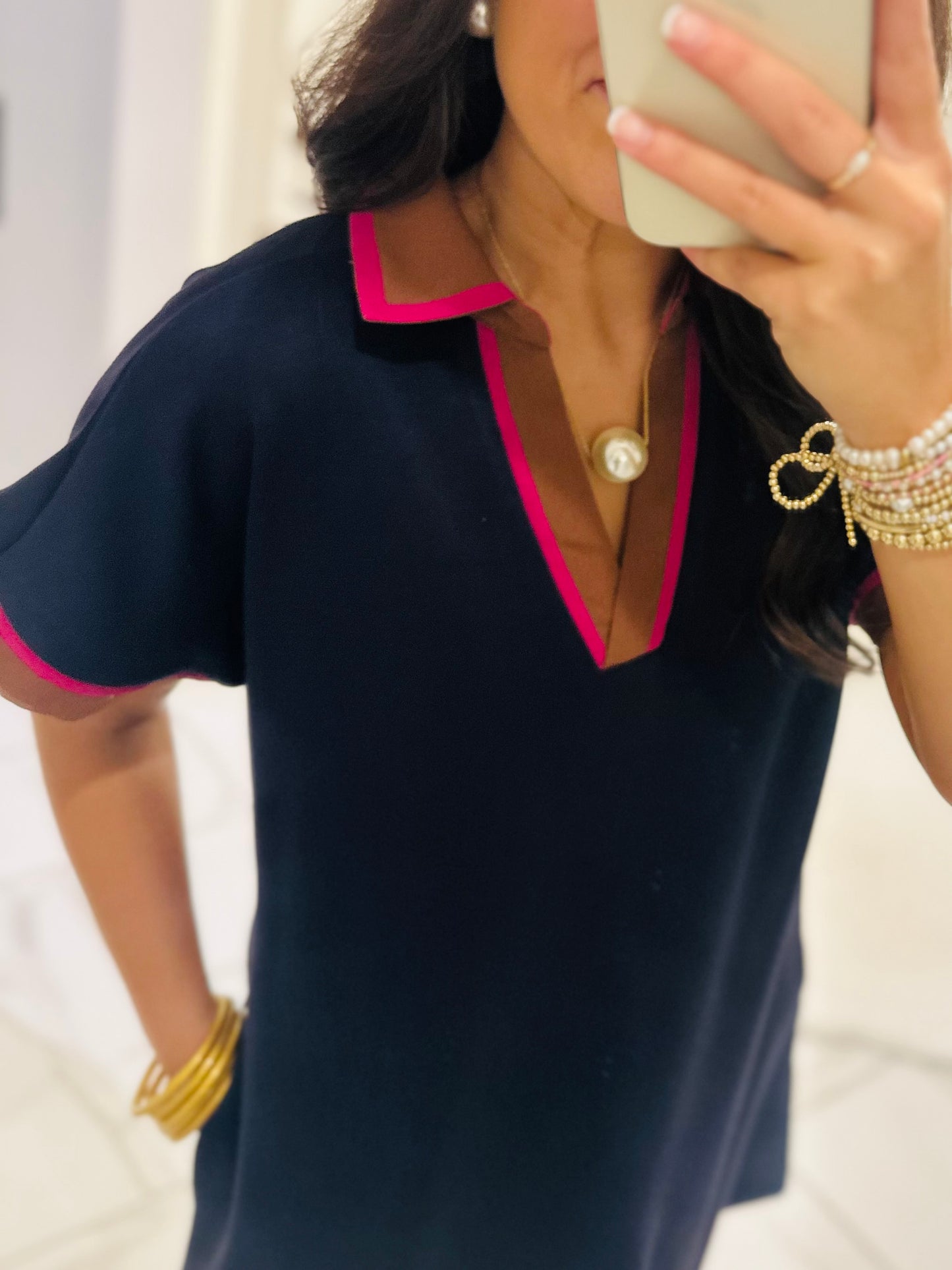 The Nina Navy Mix Collared Dress