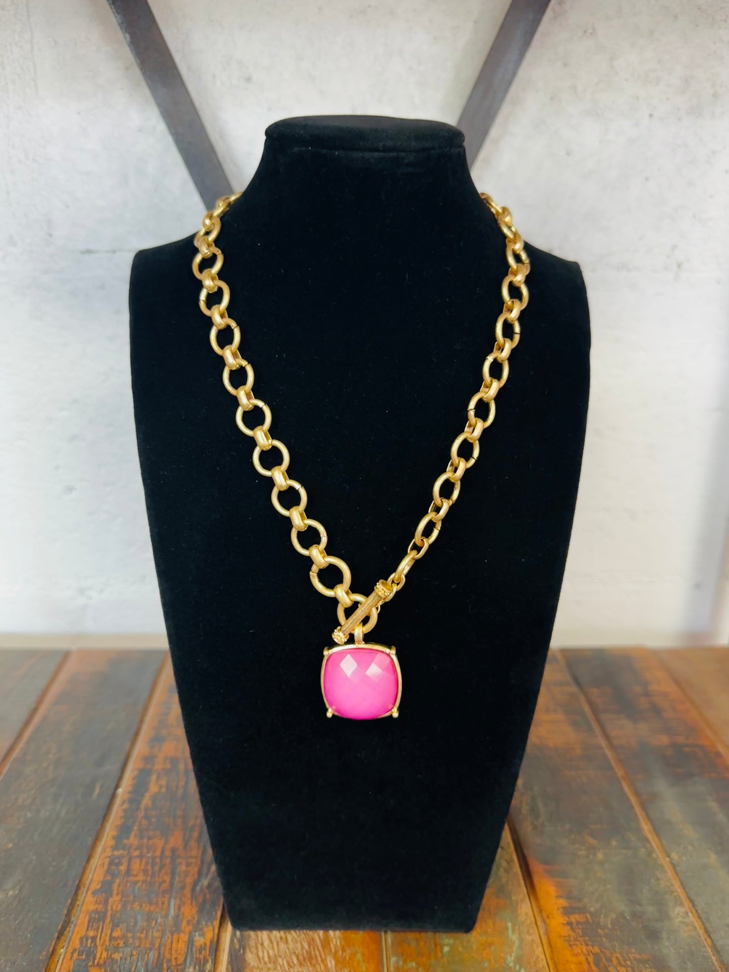 Pink Square Stone Pendant Necklace