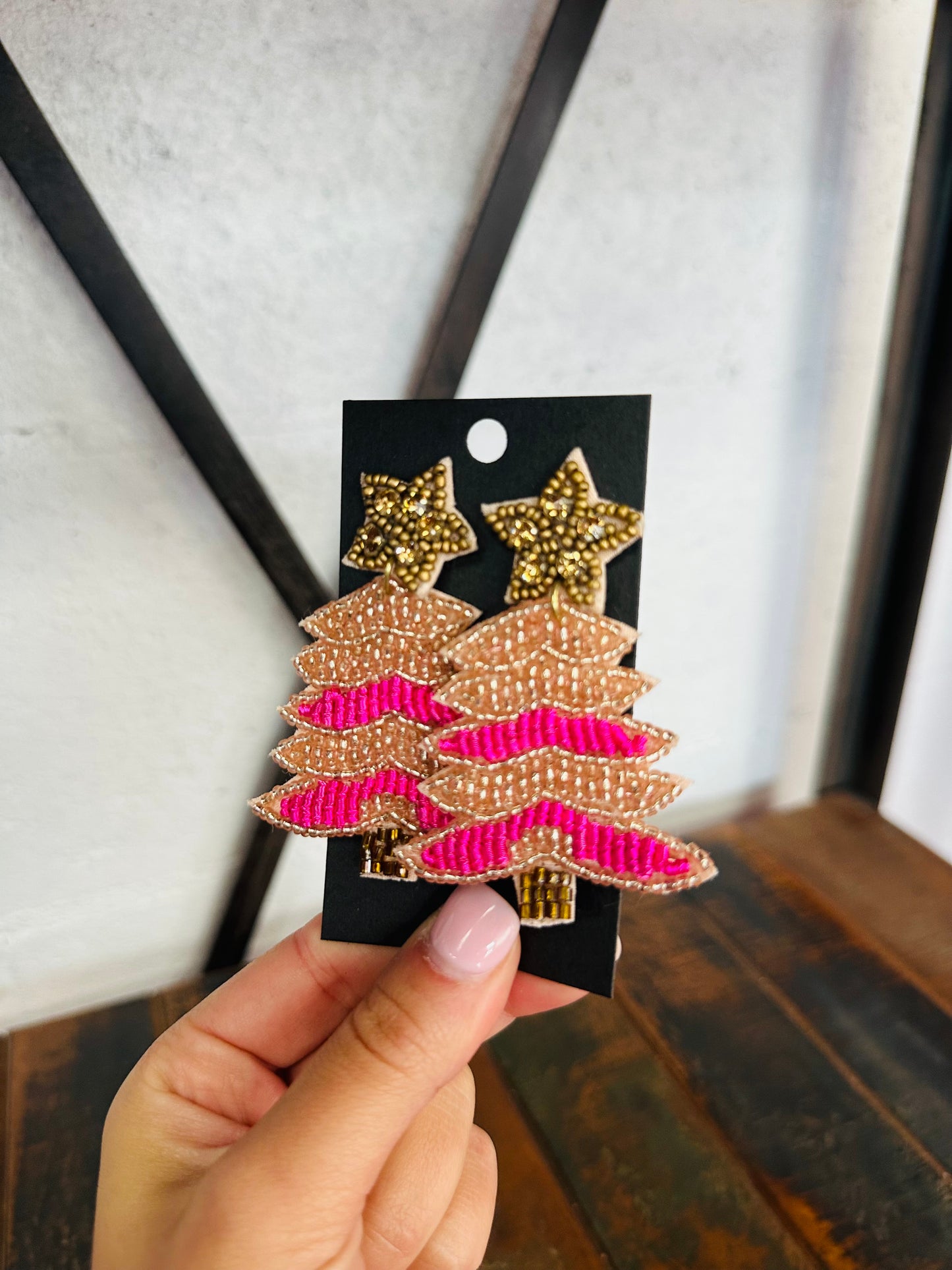 Brown + Pink Christmas Tree Beaded Earring