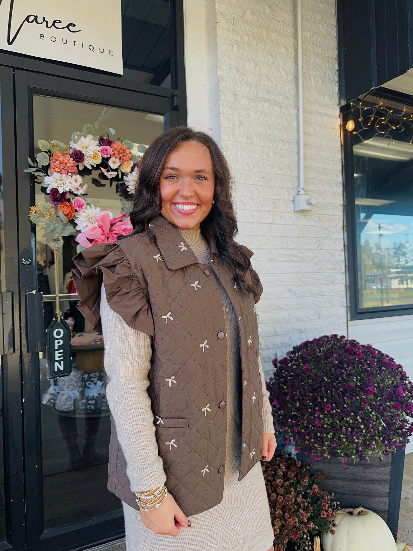 Brown Bow Embriodered Quilted Vest