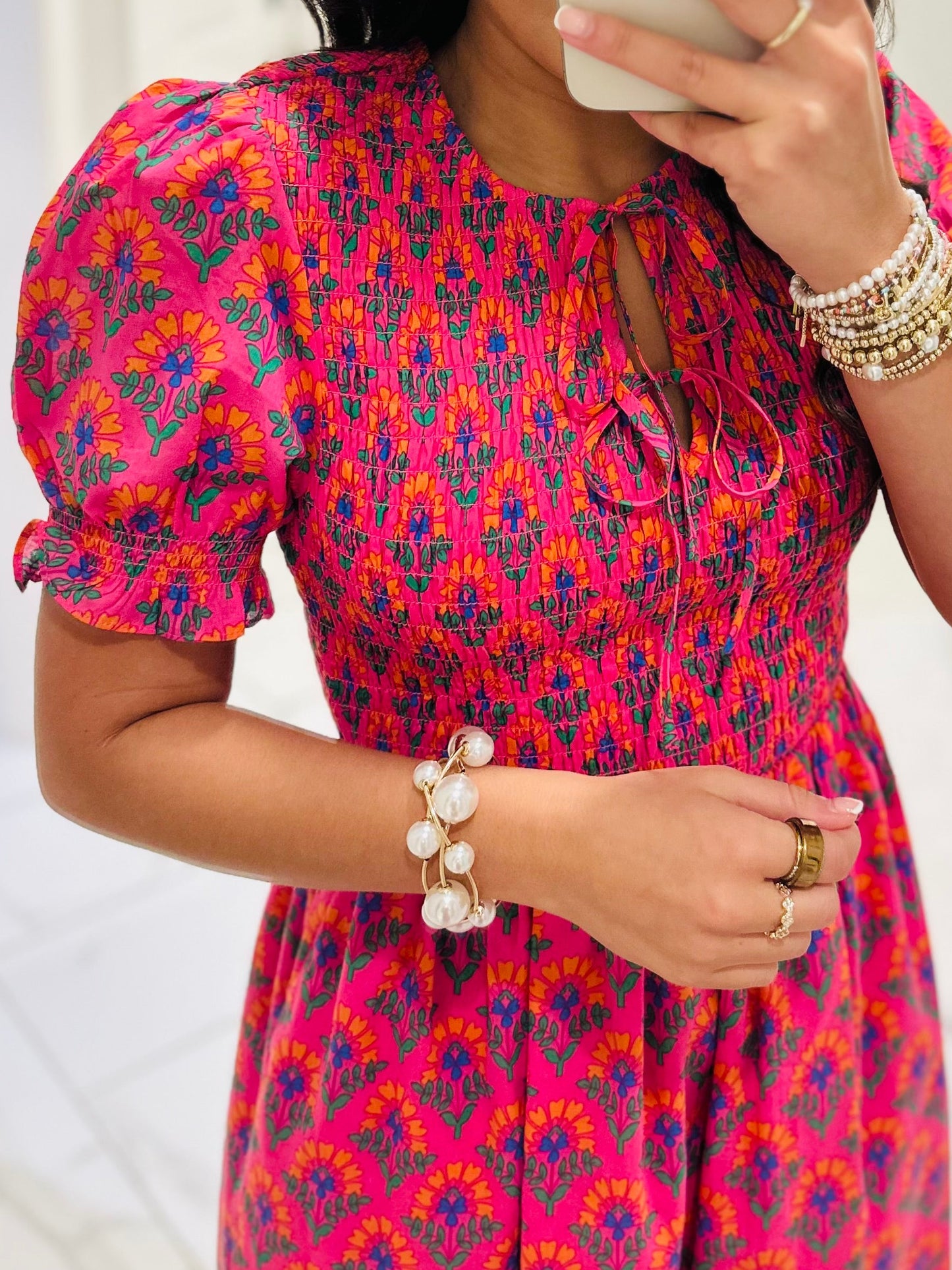 The Tamry Pink Smocked Midi Dress