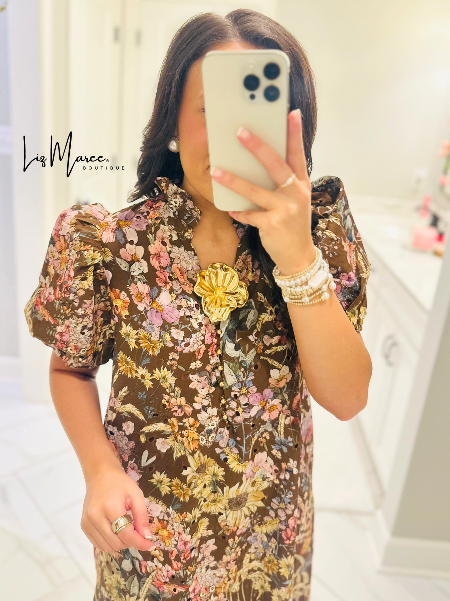 The Nadine Brown Floral Eyelet Midi Dress