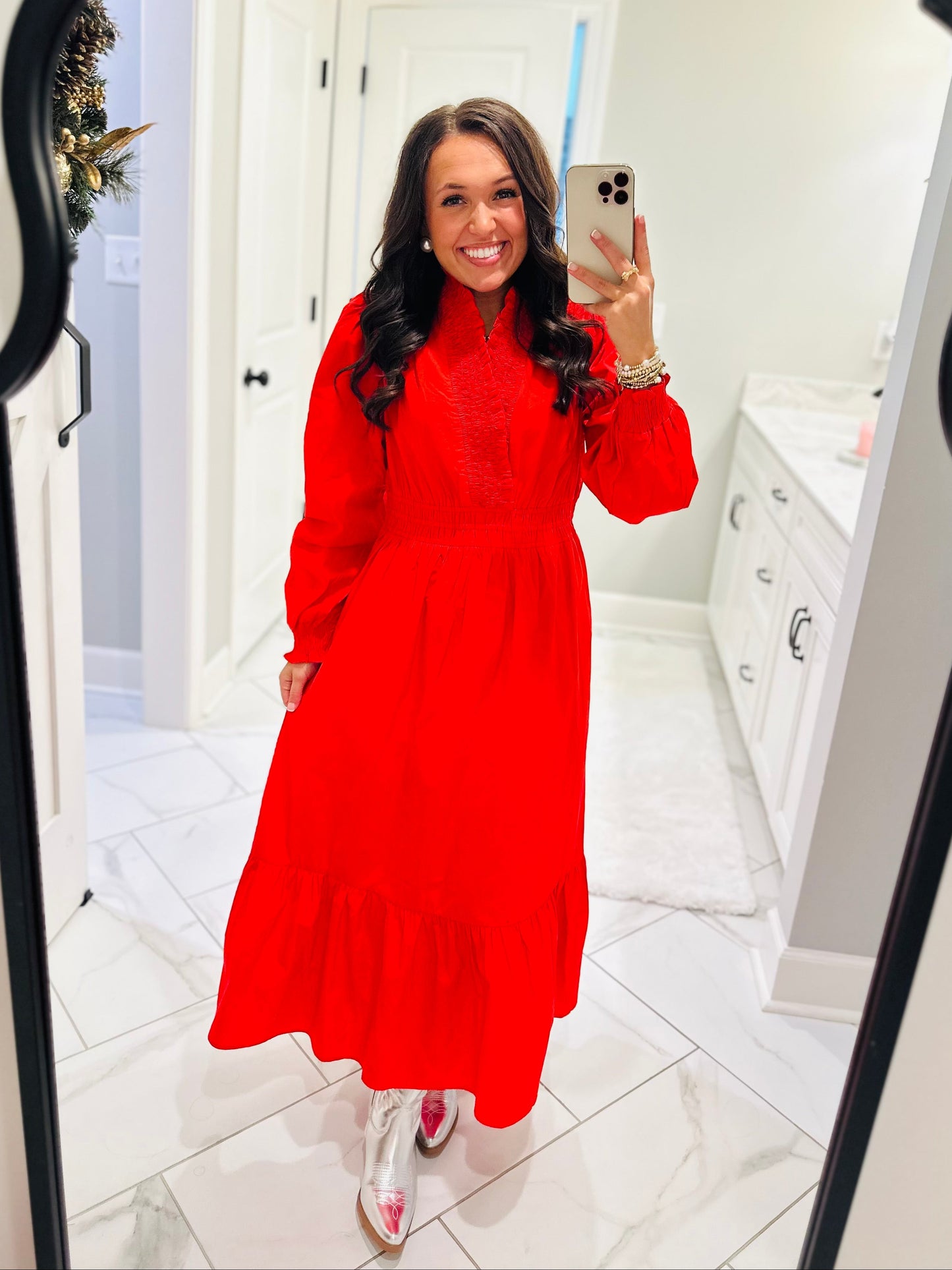 The Rudy Red Long Sleeve Midi Dress