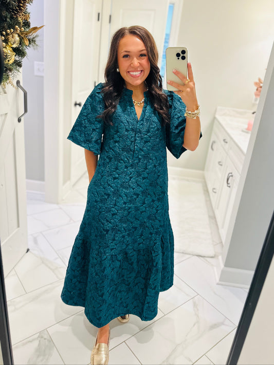 The Ada Emerald Jacquard Floral Midi Dress