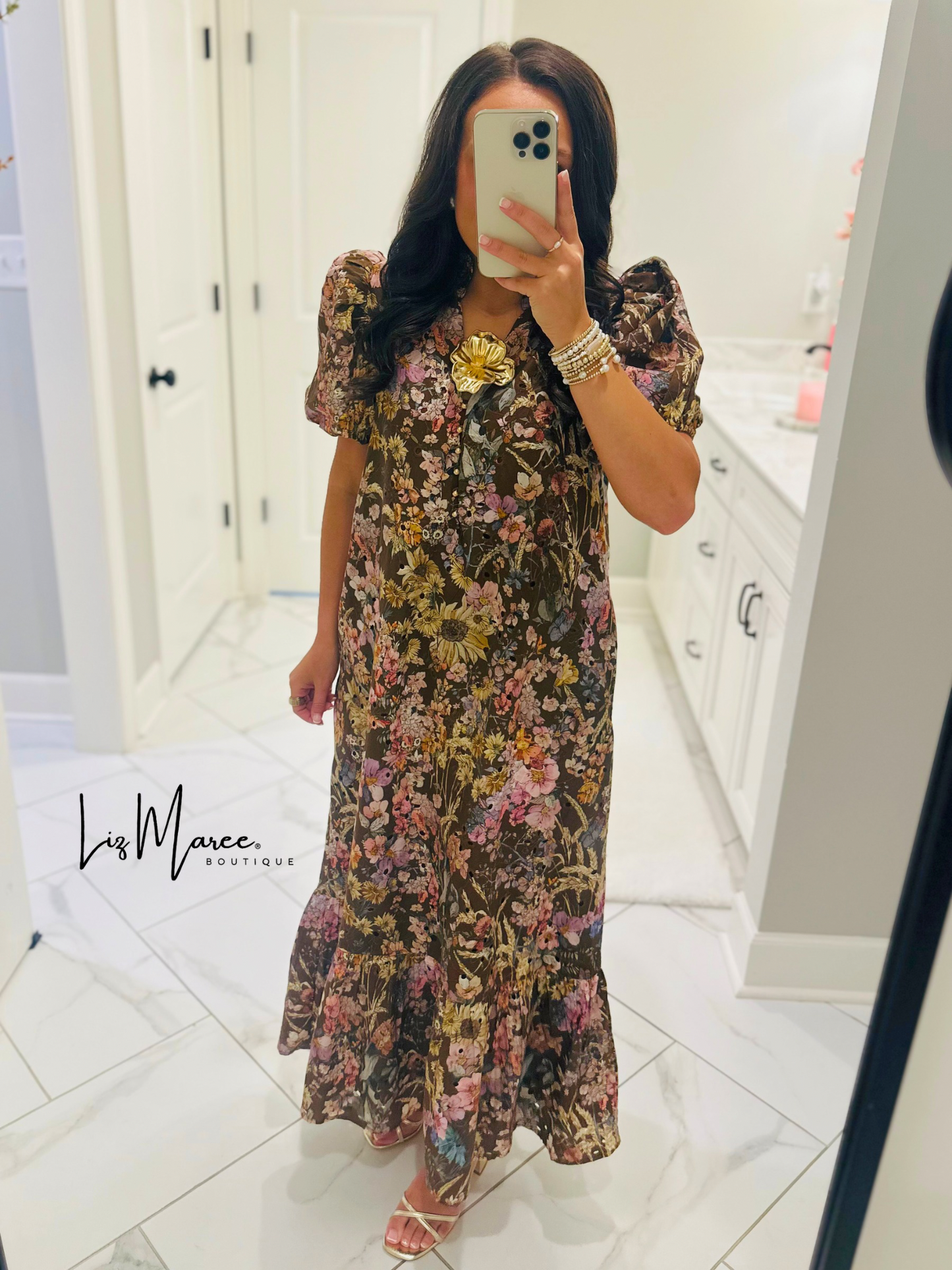 The Nadine Brown Floral Eyelet Midi Dress